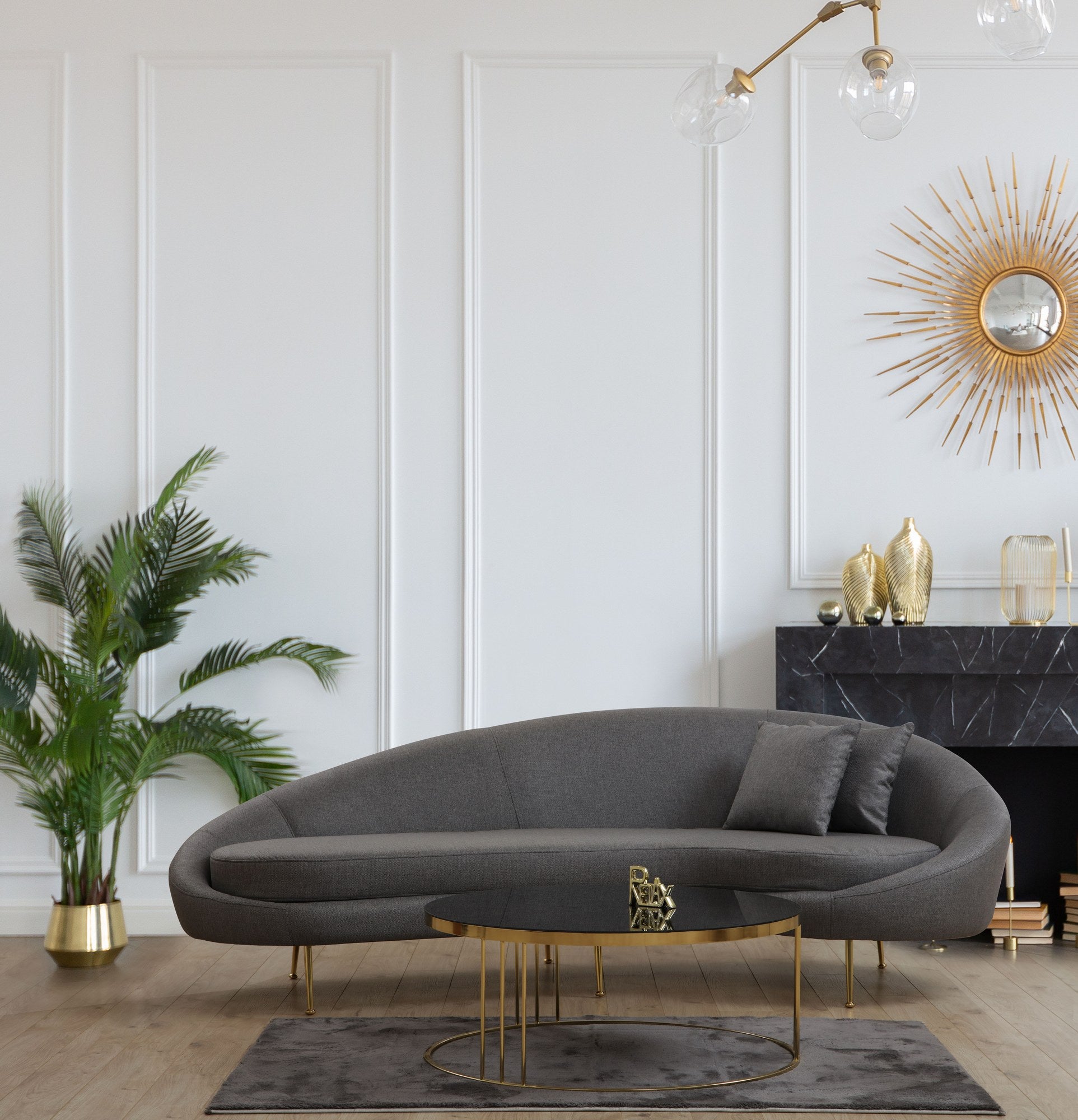 Sofá elegante de 3 lugares, cinza escuro, 255 cm | Estrutura em madeira de faia e aglomerado, 100% poliéster, pernas em metal dourado | Inclui 2 almofadas, tecido lavável a seco