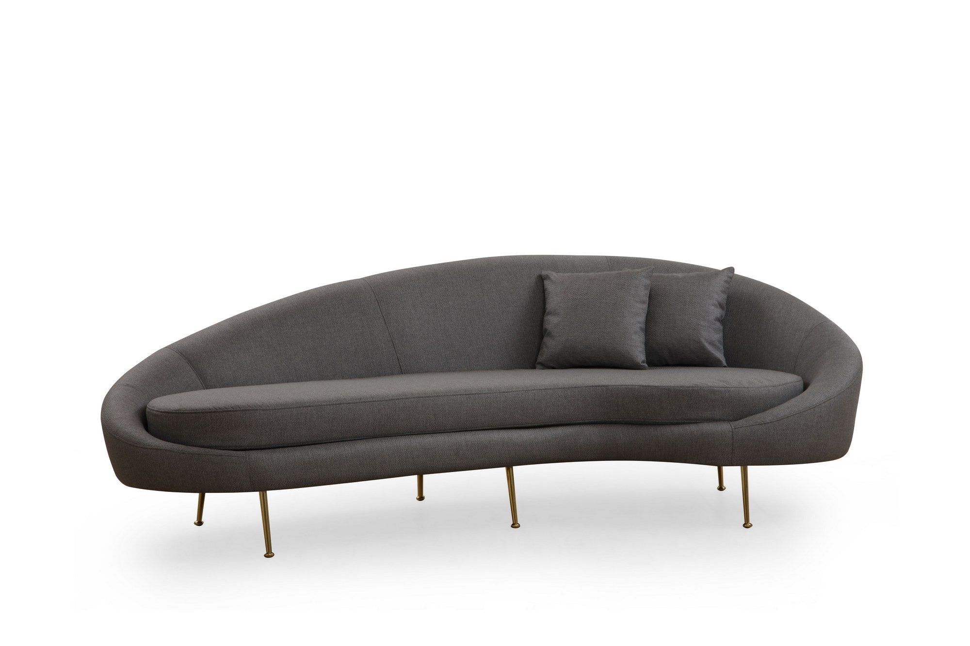 Sofá elegante de 3 lugares, cinza escuro, 255 cm | Estrutura em madeira de faia e aglomerado, 100% poliéster, pernas em metal dourado | Inclui 2 almofadas, tecido lavável a seco