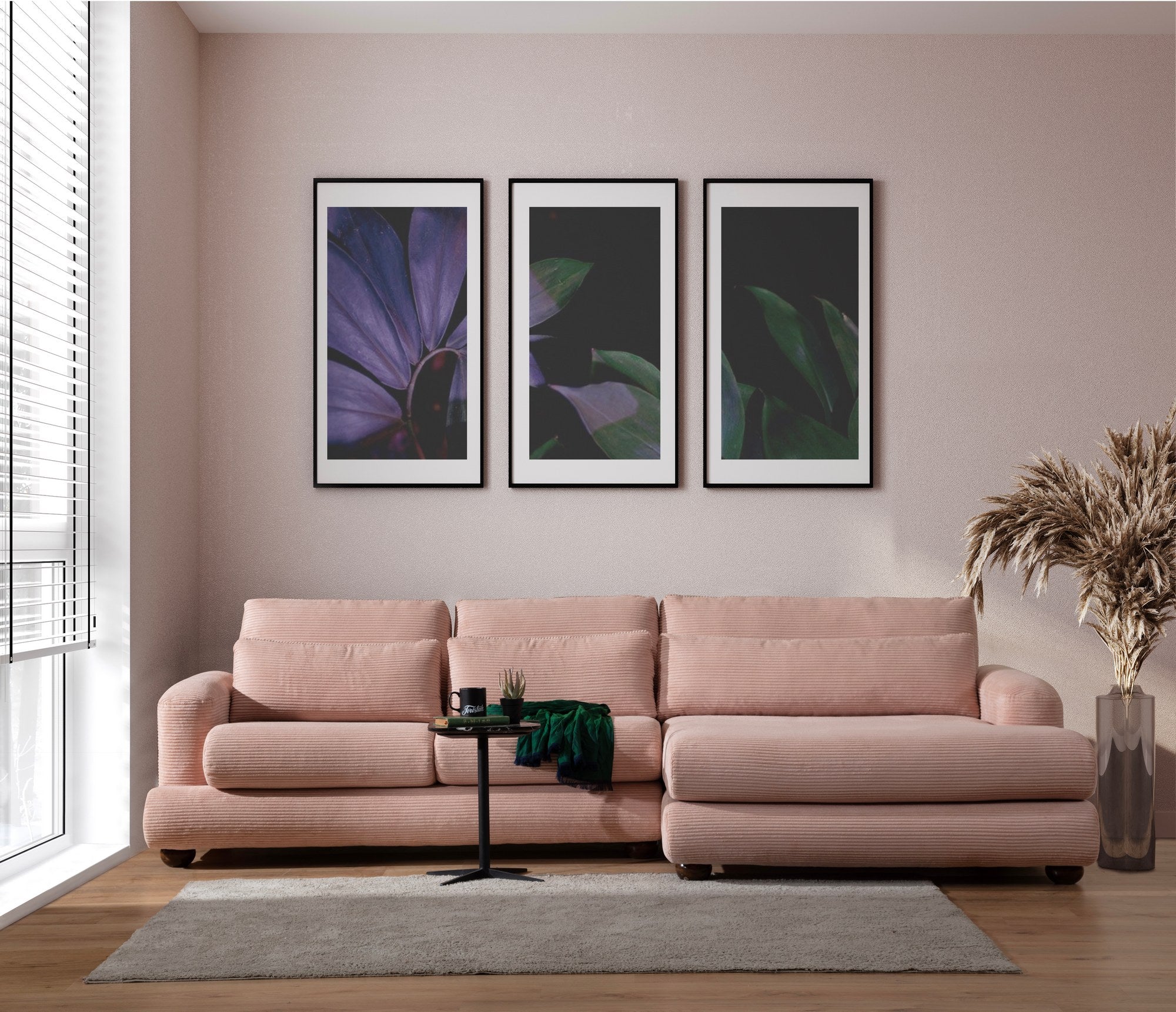 Sofá de canto rosa elegante, 330 x 150 cm | Estrutura em madeira de faia e aglomerado, 100% poliéster, espuma 28 DNS | Almofadas portáteis, tecido lavável a seco, pernas em nogueira