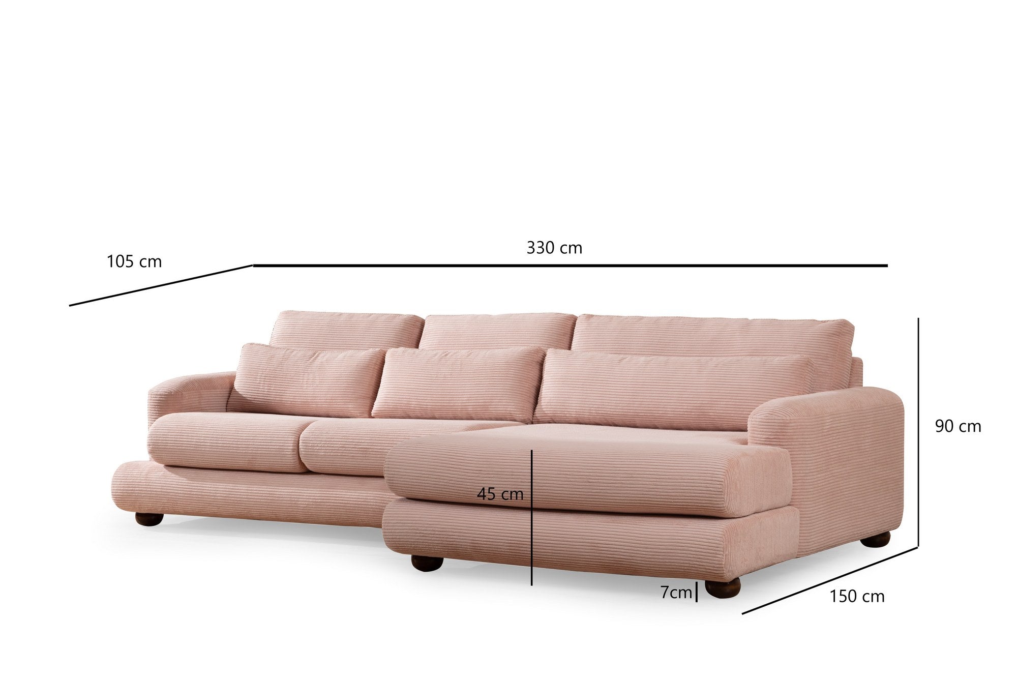 Sofá de canto rosa elegante, 330 x 150 cm | Estrutura em madeira de faia e aglomerado, 100% poliéster, espuma 28 DNS | Almofadas portáteis, tecido lavável a seco, pernas em nogueira
