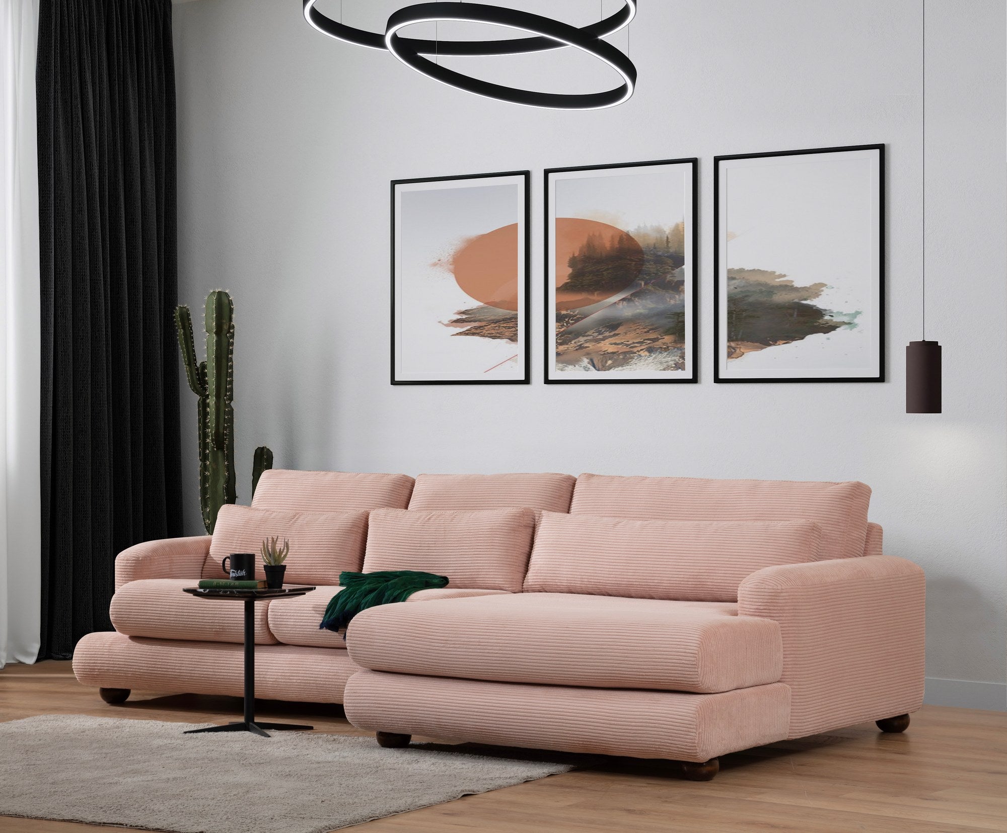 Sofá de canto rosa elegante, 330 x 150 cm | Estrutura em madeira de faia e aglomerado, 100% poliéster, espuma 28 DNS | Almofadas portáteis, tecido lavável a seco, pernas em nogueira