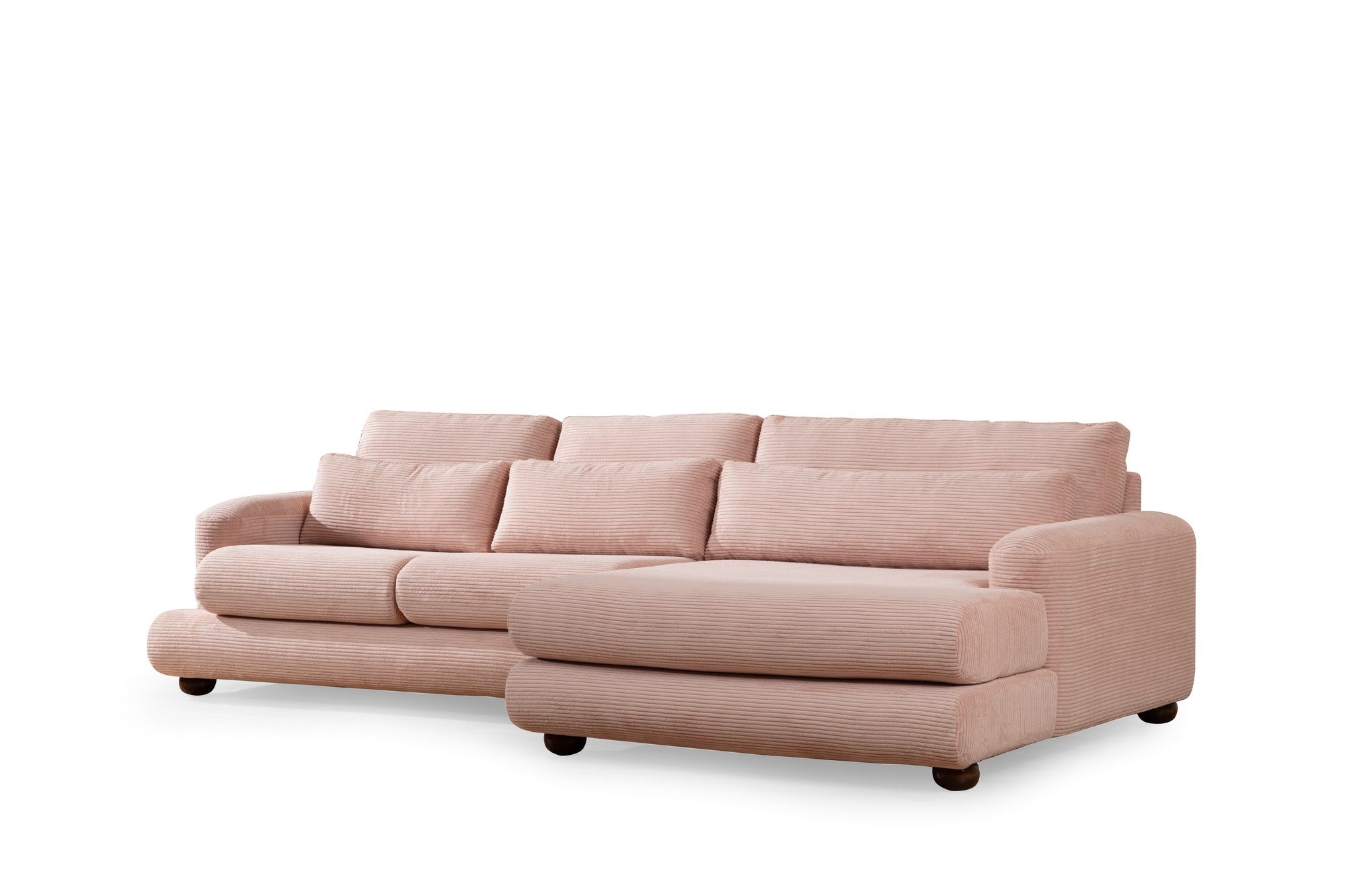 Sofá de canto rosa elegante, 330 x 150 cm | Estrutura em madeira de faia e aglomerado, 100% poliéster, espuma 28 DNS | Almofadas portáteis, tecido lavável a seco, pernas em nogueira