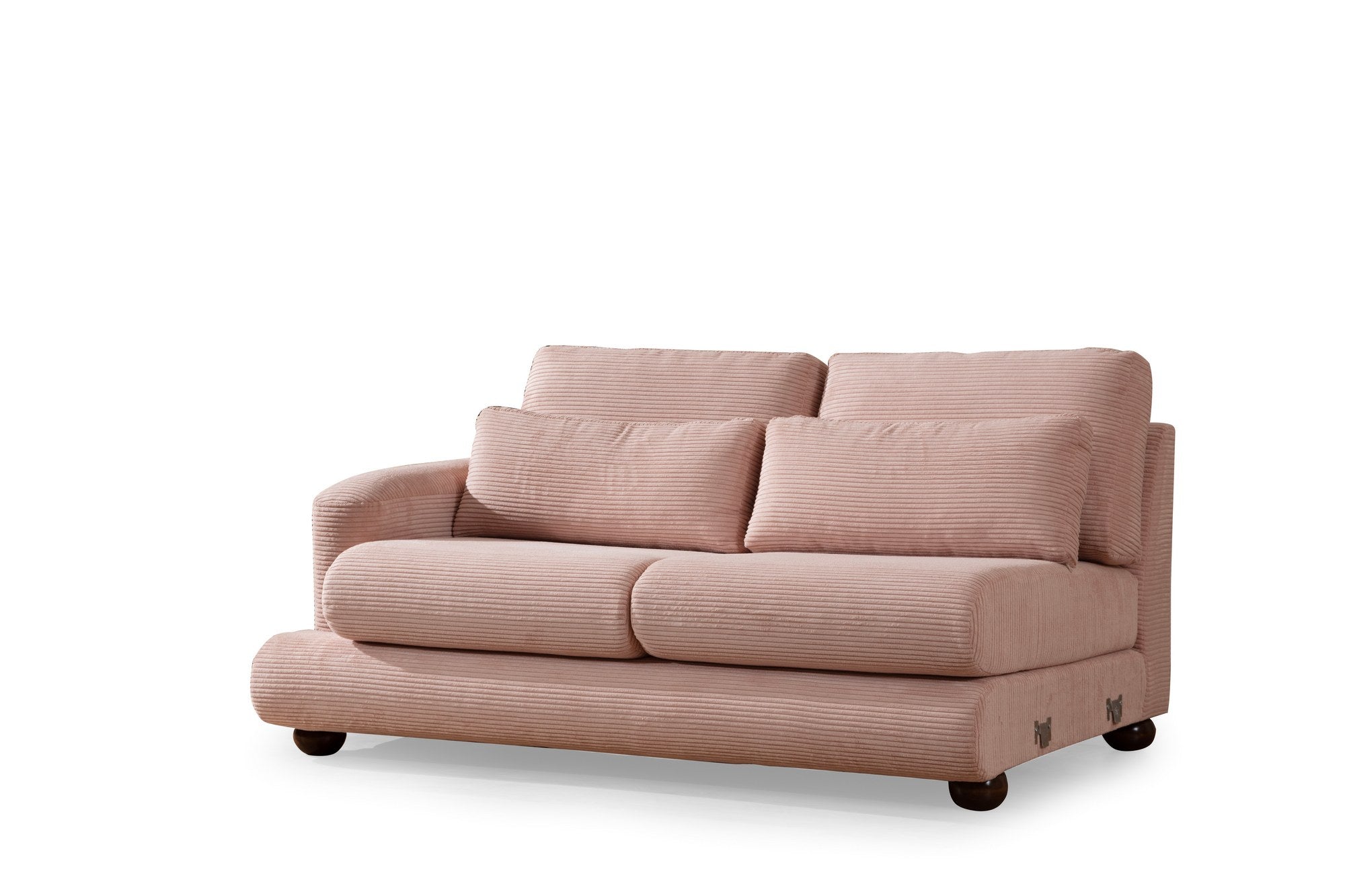 Sofá de canto rosa elegante, 330 x 150 cm | Estrutura em madeira de faia e aglomerado, 100% poliéster, espuma 28 DNS | Almofadas portáteis, tecido lavável a seco, pernas em nogueira