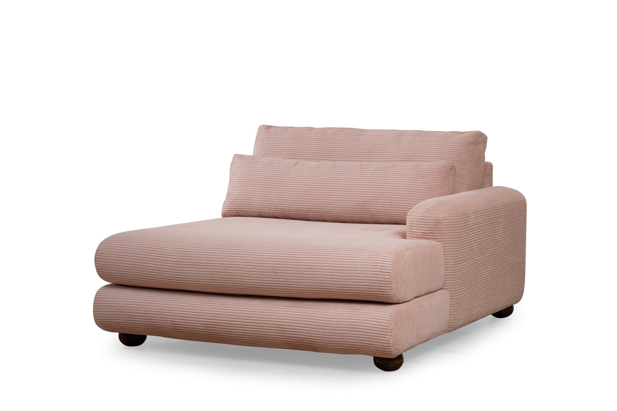 Sofá de canto rosa elegante, 330 x 150 cm | Estrutura em madeira de faia e aglomerado, 100% poliéster, espuma 28 DNS | Almofadas portáteis, tecido lavável a seco, pernas em nogueira