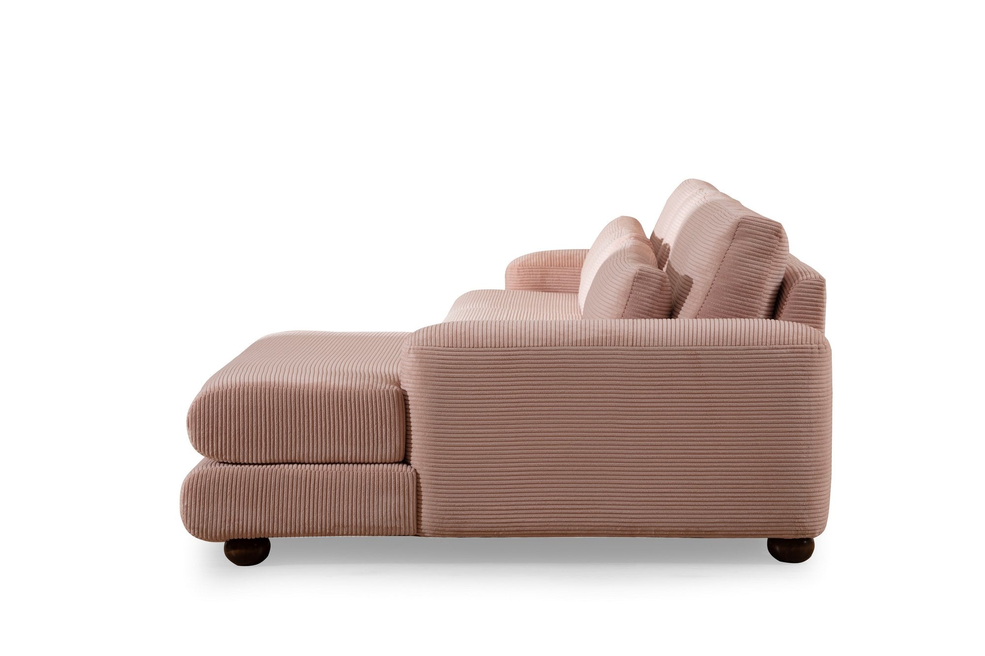 Sofá de canto rosa elegante, 330 x 150 cm | Estrutura em madeira de faia e aglomerado, 100% poliéster, espuma 28 DNS | Almofadas portáteis, tecido lavável a seco, pernas em nogueira