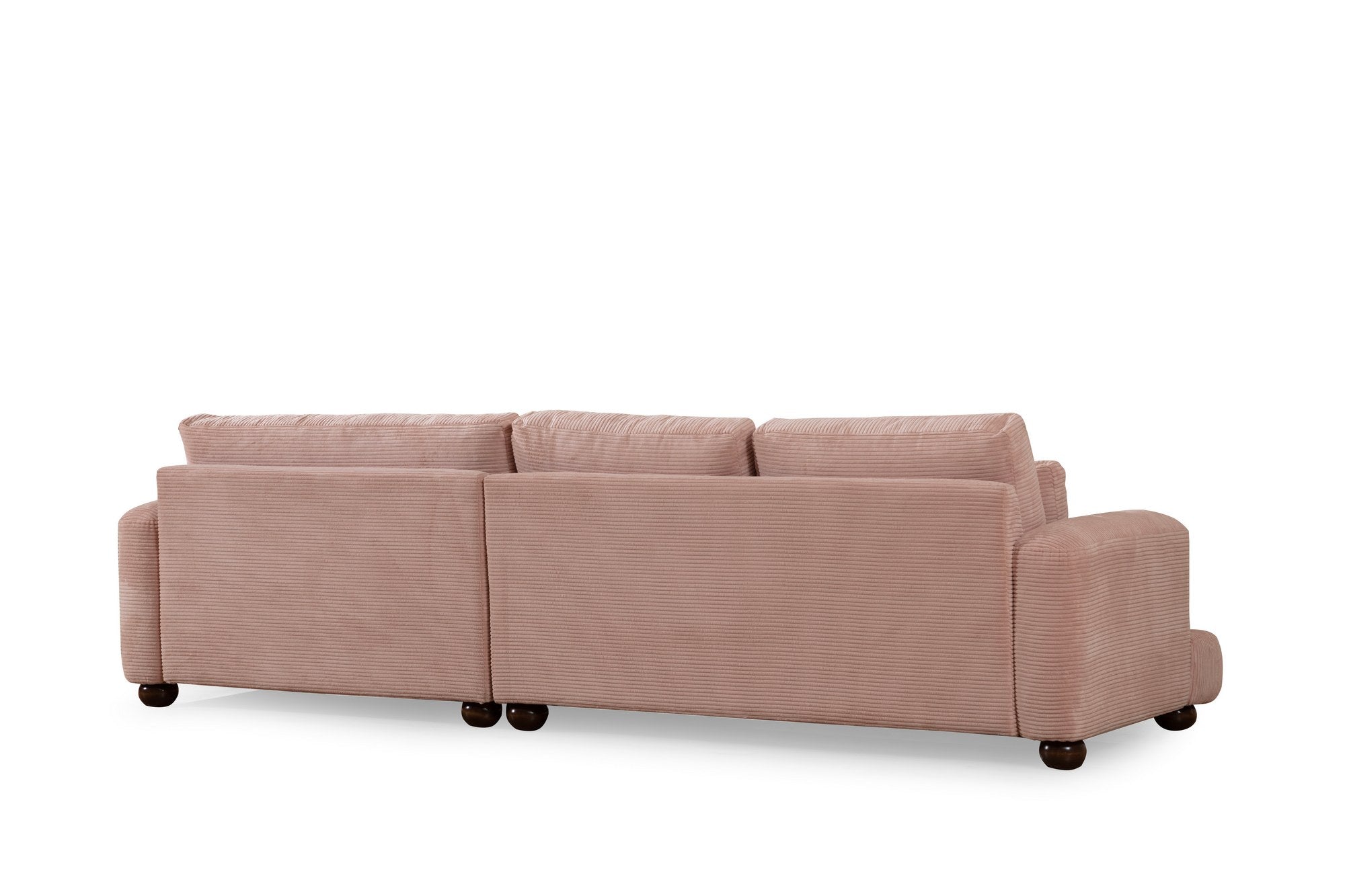 Sofá de canto rosa elegante, 330 x 150 cm | Estrutura em madeira de faia e aglomerado, 100% poliéster, espuma 28 DNS | Almofadas portáteis, tecido lavável a seco, pernas em nogueira