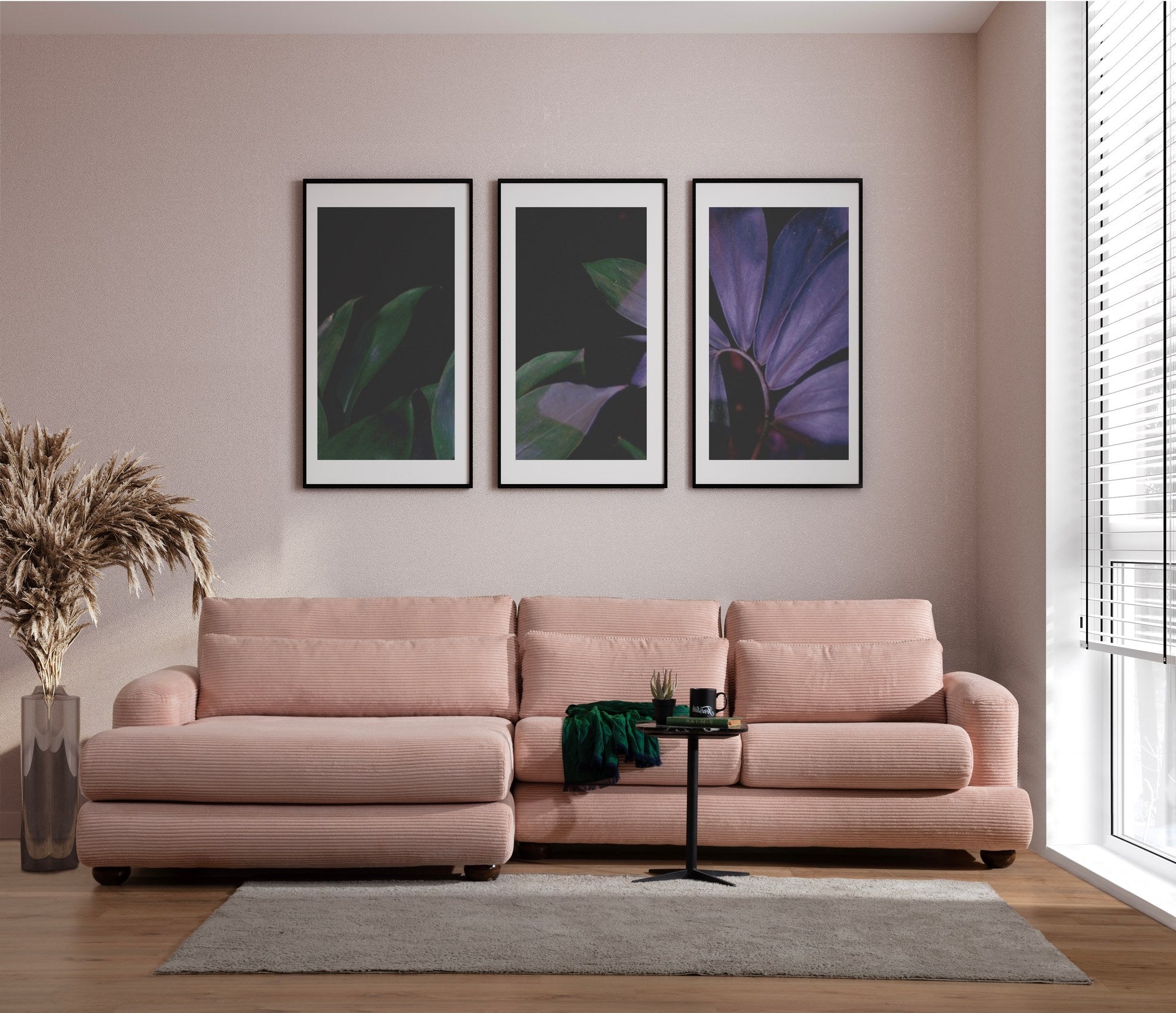 Sofá de canto rosa elegante, 150x330 cm | Estrutura em madeira de faia e aglomerado, 100% poliéster, espuma 28 DNS | Almofadas portáteis, design elegante para uma vida moderna