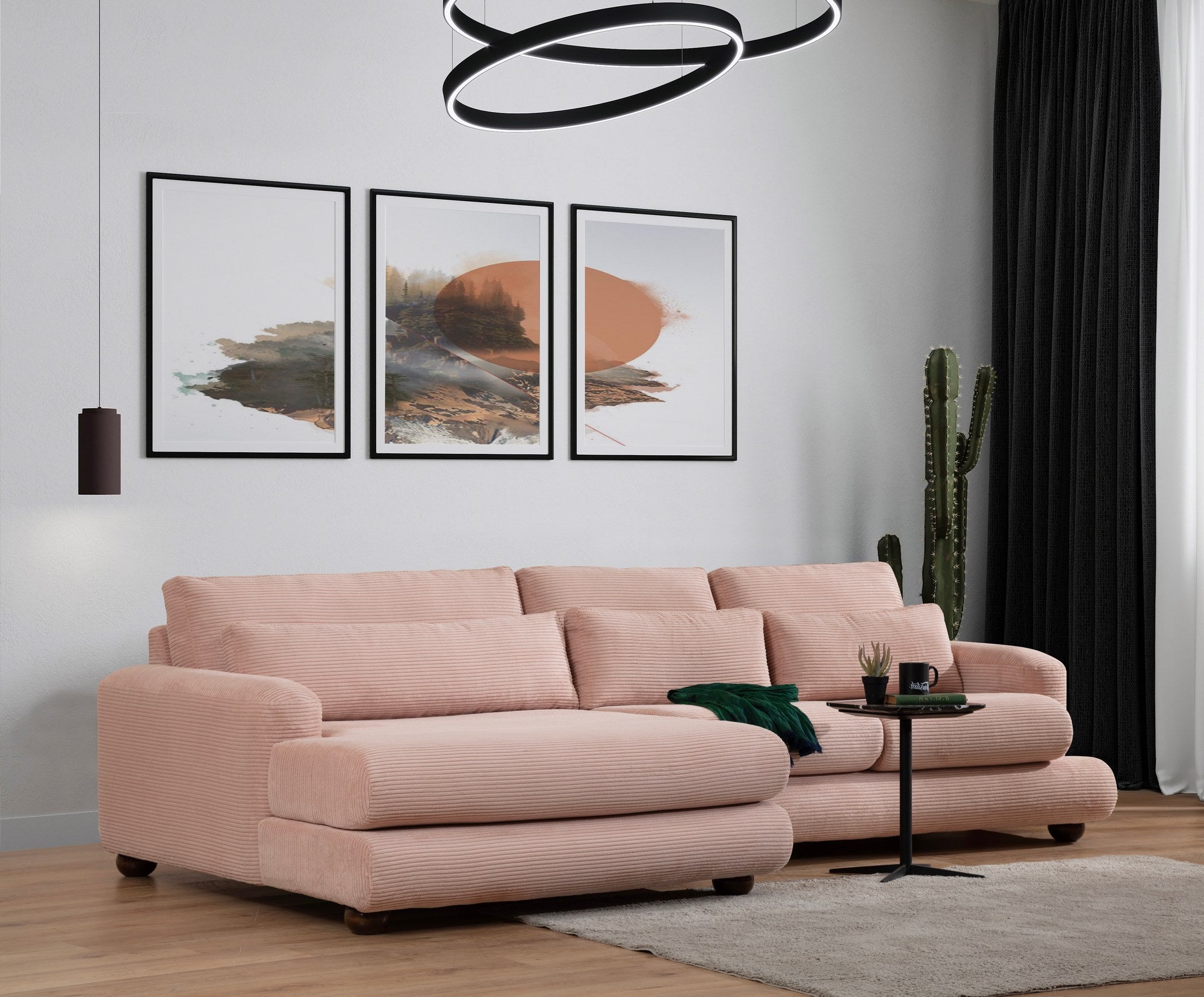 Sofá de canto rosa elegante, 150x330 cm | Estrutura em madeira de faia e aglomerado, 100% poliéster, espuma 28 DNS | Almofadas portáteis, design elegante para uma vida moderna