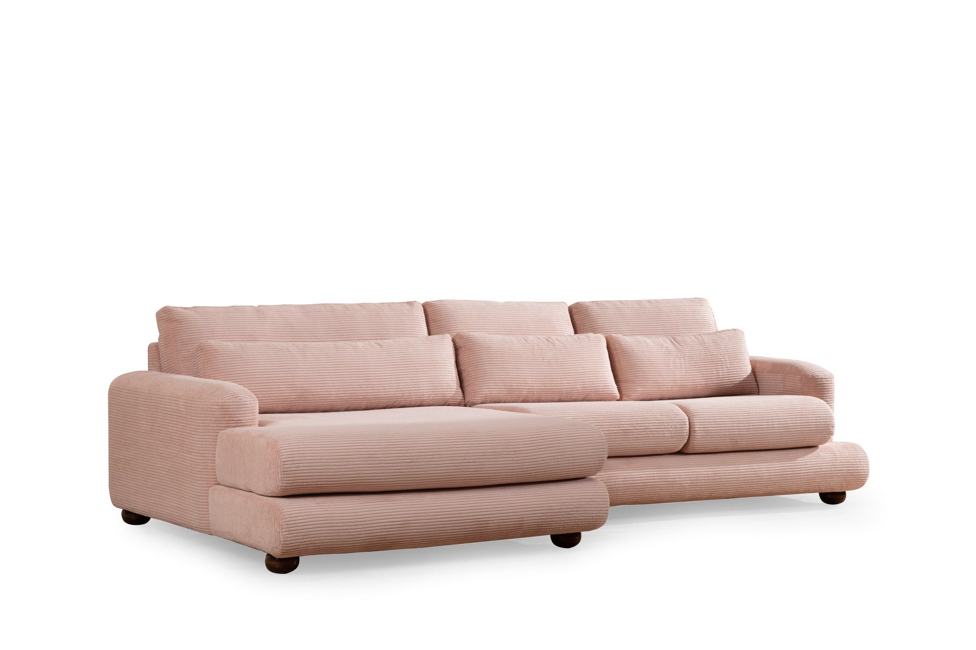 Sofá de canto rosa elegante, 150x330 cm | Estrutura em madeira de faia e aglomerado, 100% poliéster, espuma 28 DNS | Almofadas portáteis, design elegante para uma vida moderna