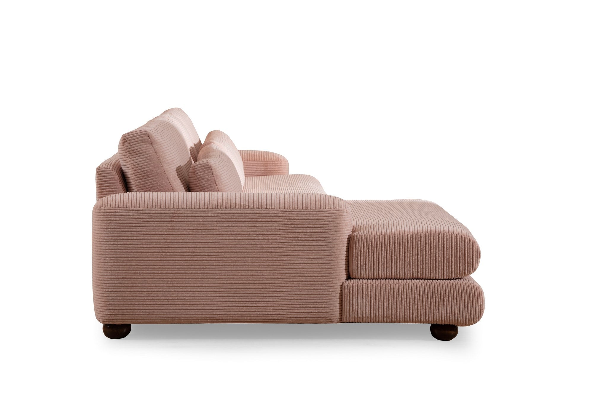 Sofá de canto rosa elegante, 150x330 cm | Estrutura em madeira de faia e aglomerado, 100% poliéster, espuma 28 DNS | Almofadas portáteis, design elegante para uma vida moderna