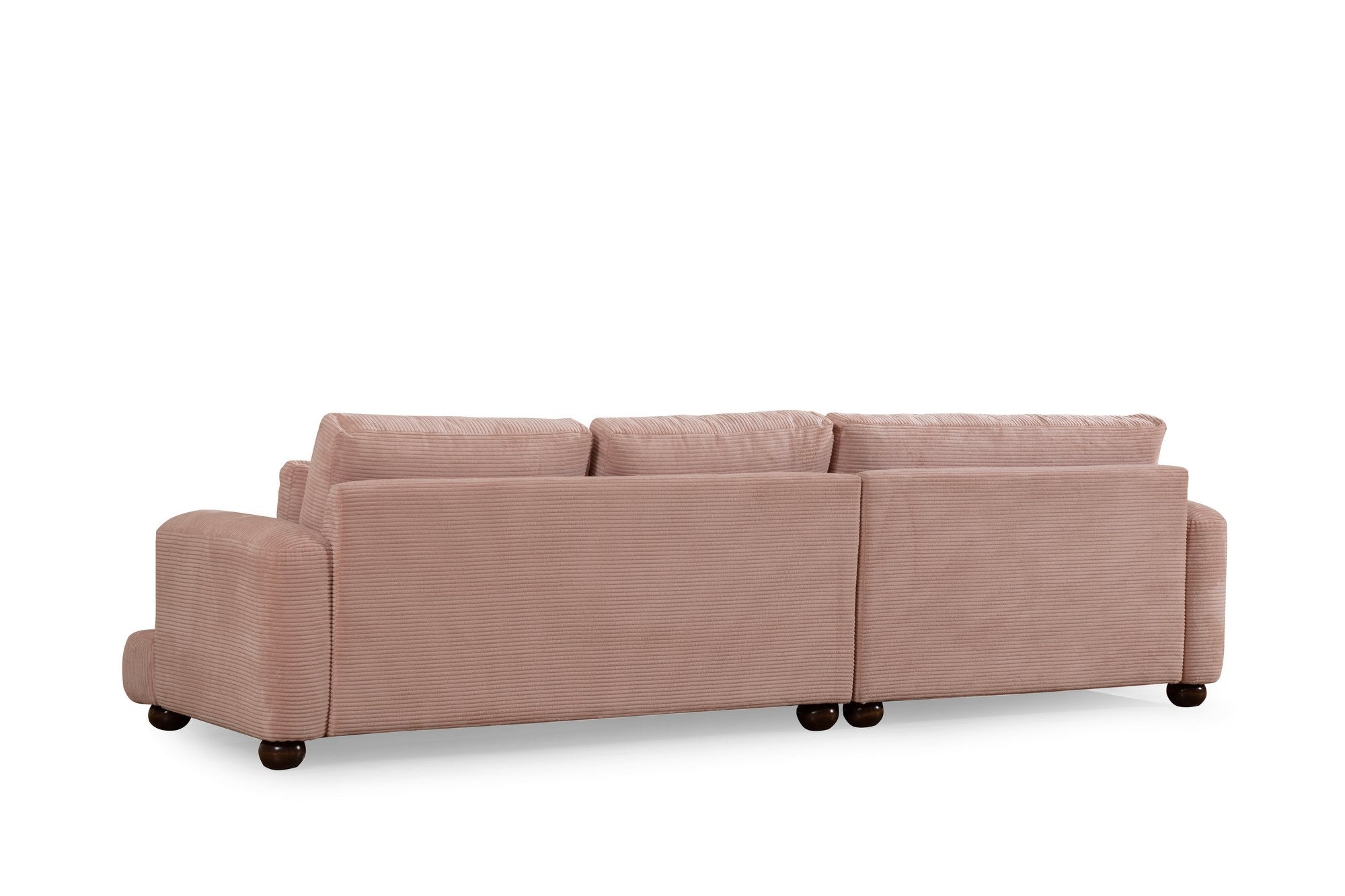Sofá de canto rosa elegante, 150x330 cm | Estrutura em madeira de faia e aglomerado, 100% poliéster, espuma 28 DNS | Almofadas portáteis, design elegante para uma vida moderna