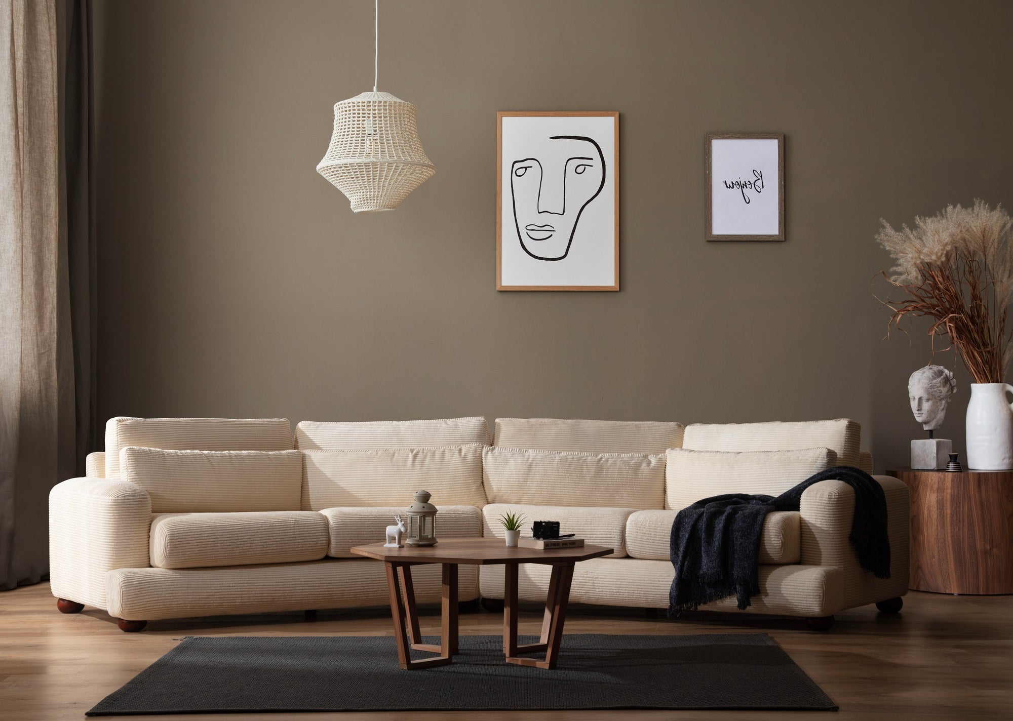 Sofá elegante de 4 lugares, bege, 330 x 105 x 90 cm | Estrutura em madeira de faia e aglomerado, 100% poliéster, almofadas removíveis | Elegante e confortável para salas de estar modernas