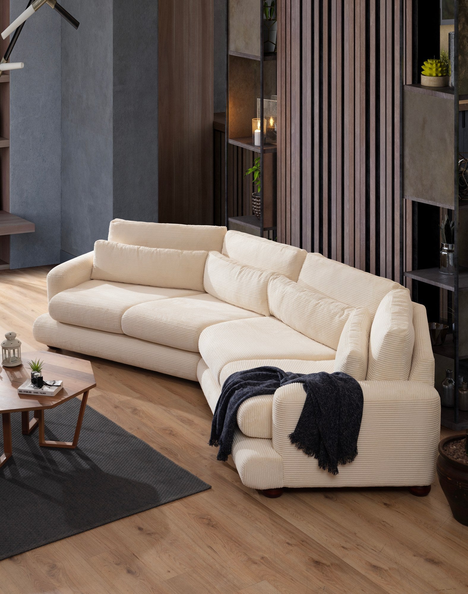 Sofá elegante de 4 lugares, bege, 330 x 105 x 90 cm | Estrutura em madeira de faia e aglomerado, 100% poliéster, almofadas removíveis | Elegante e confortável para salas de estar modernas