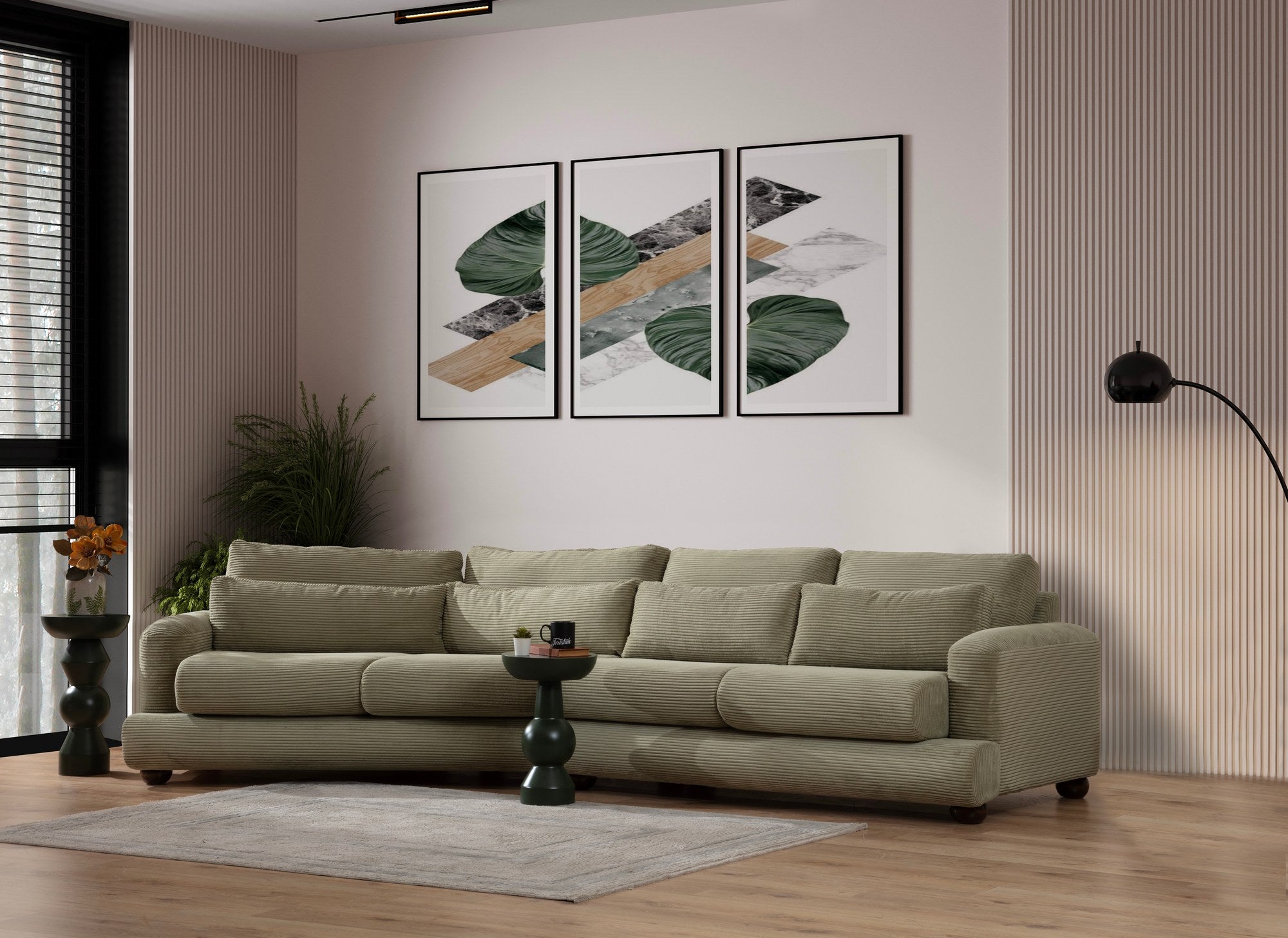 Sofá elegante de 4 lugares, verde, 330 x 105 x 90 cm | Estrutura em madeira de faia e aglomerado, 100% poliéster, almofadas removíveis | Design elegante para salas de estar modernas