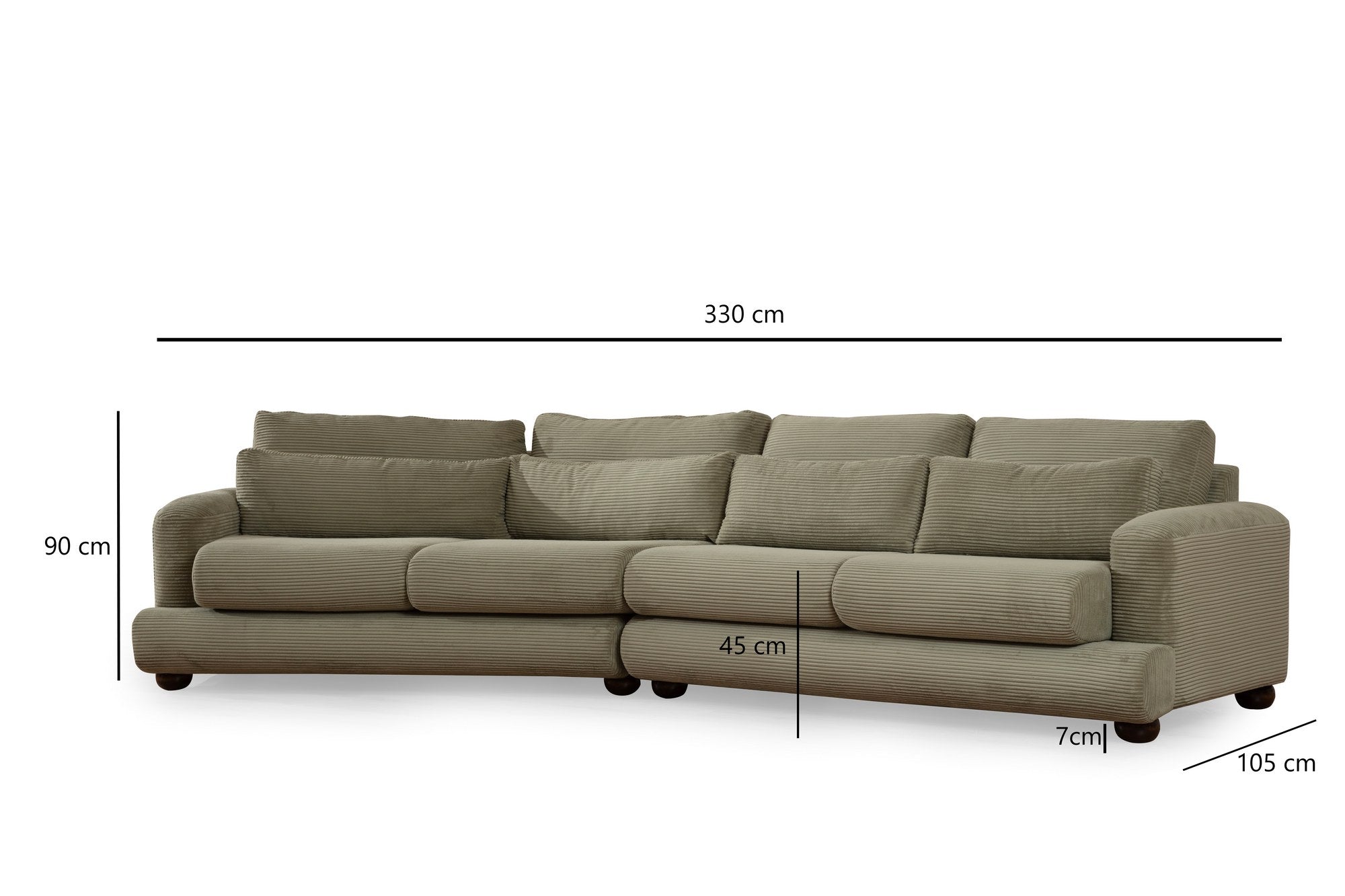 Sofá elegante de 4 lugares, verde, 330 x 105 x 90 cm | Estrutura em madeira de faia e aglomerado, 100% poliéster, almofadas removíveis | Design elegante para salas de estar modernas