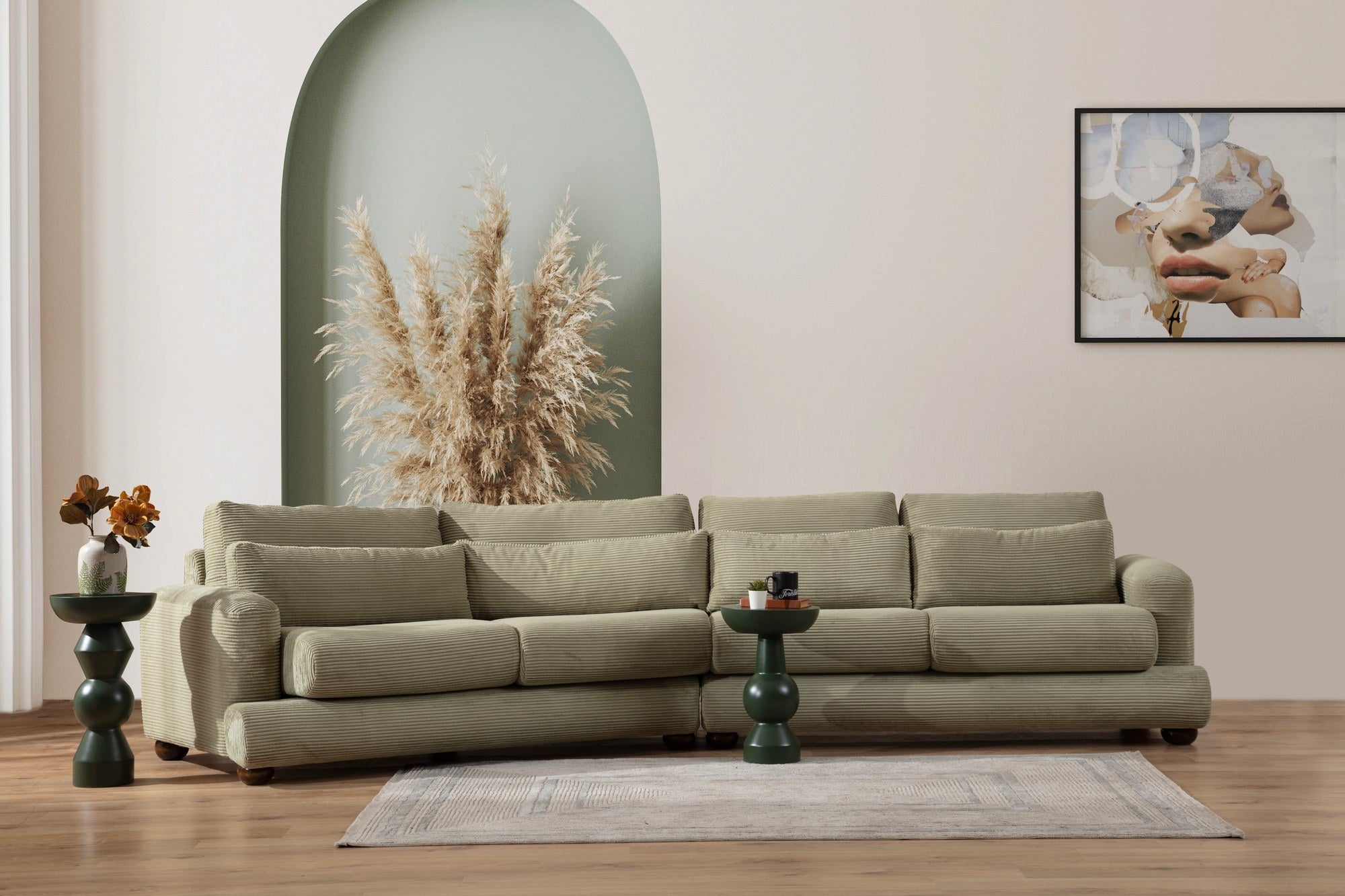 Sofá elegante de 4 lugares, verde, 330 x 105 x 90 cm | Estrutura em madeira de faia e aglomerado, 100% poliéster, almofadas removíveis | Design elegante para salas de estar modernas