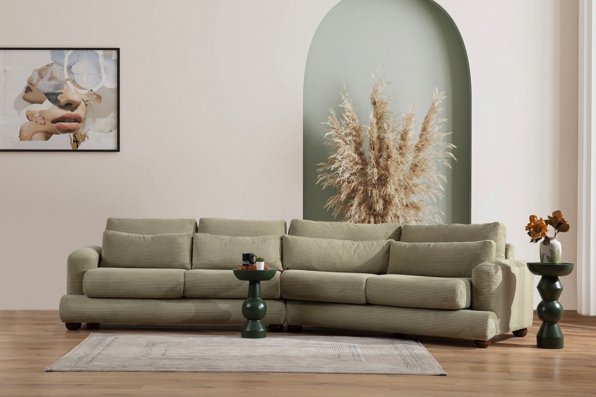 Sofá elegante de 4 lugares, verde, 330 x 105 x 90 cm | Estrutura em madeira de faia e aglomerado, 100% poliéster, almofadas removíveis | Design elegante para salas de estar modernas