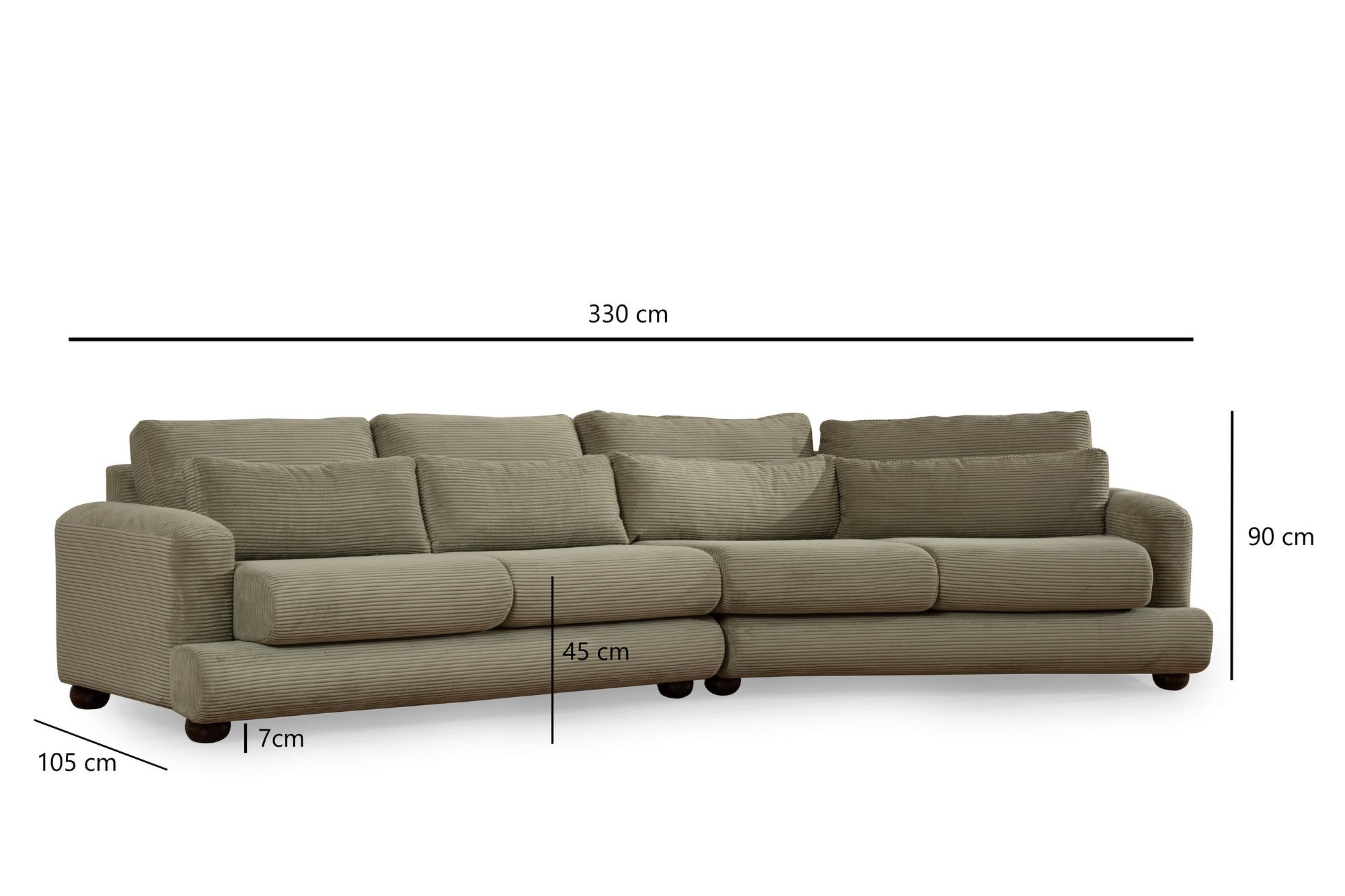 Sofá elegante de 4 lugares, verde, 330 x 105 x 90 cm | Estrutura em madeira de faia e aglomerado, 100% poliéster, almofadas removíveis | Design elegante para salas de estar modernas