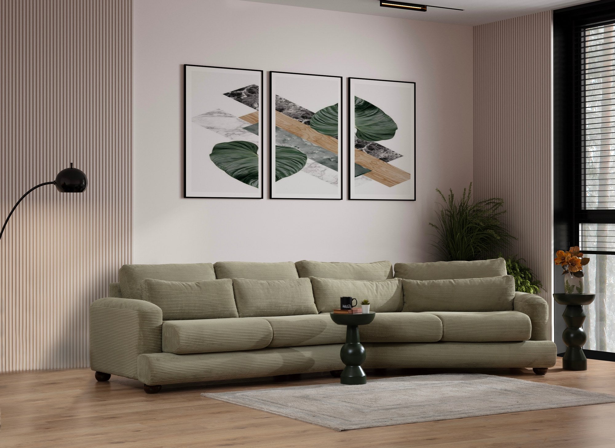 Sofá elegante de 4 lugares, verde, 330 x 105 x 90 cm | Estrutura em madeira de faia e aglomerado, 100% poliéster, almofadas removíveis | Design elegante para salas de estar modernas
