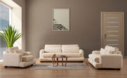 Sofá elegante de 3 lugares, bege, 230 x 105 x 90 cm | Estrutura em madeira de faia e aglomerado, 100% poliéster, almofadas removíveis, pés em nogueira | Perfeito para salas de estar modernas