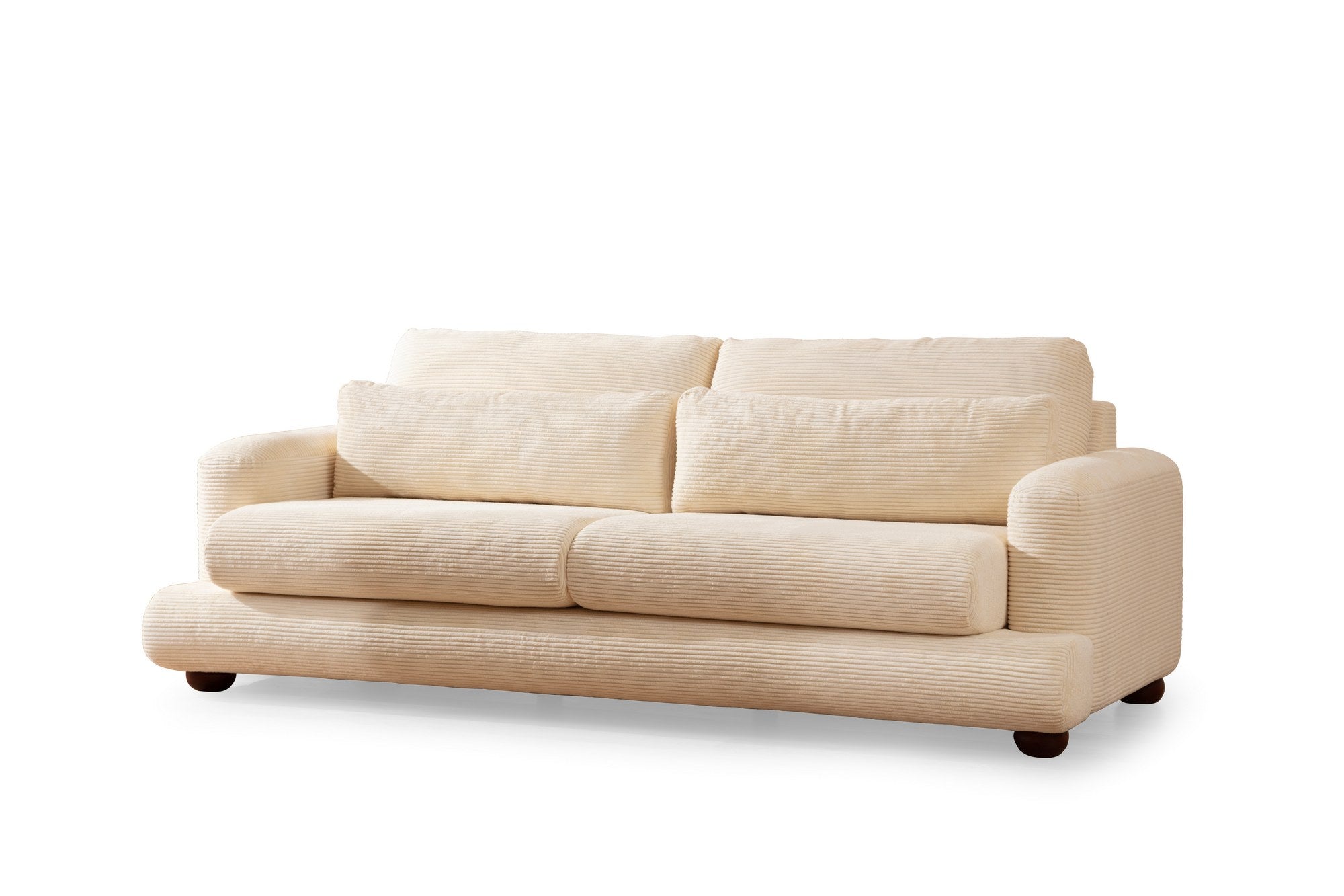Sofá elegante de 3 lugares, bege, 230 x 105 x 90 cm | Estrutura em madeira de faia e aglomerado, 100% poliéster, almofadas removíveis, pés em nogueira | Perfeito para salas de estar modernas
