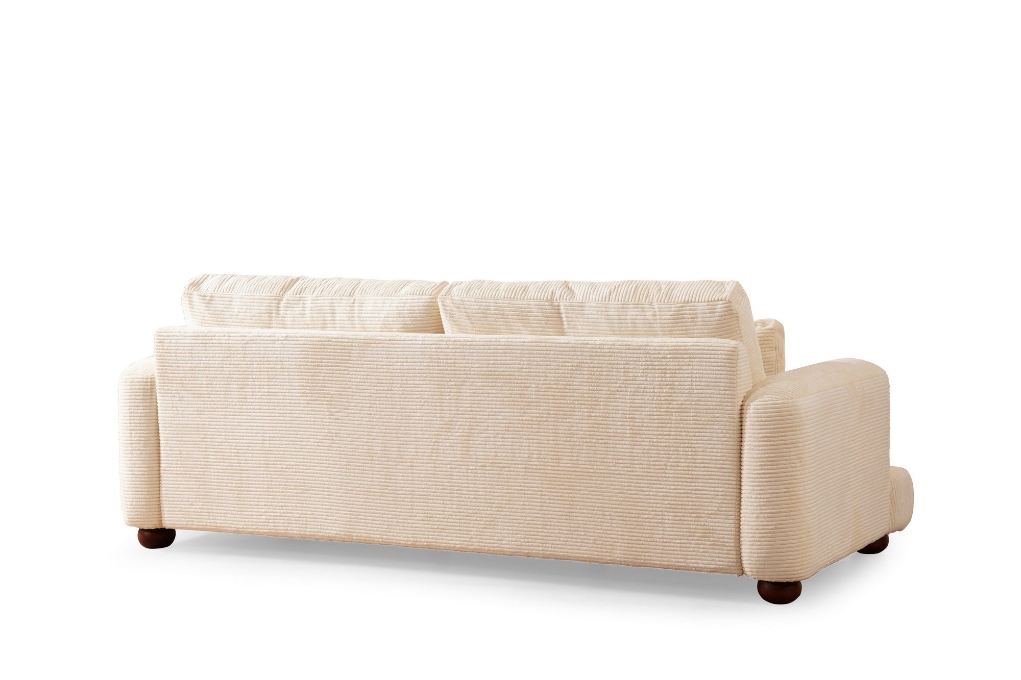 Sofá elegante de 3 lugares, bege, 230 x 105 x 90 cm | Estrutura em madeira de faia e aglomerado, 100% poliéster, almofadas removíveis, pés em nogueira | Perfeito para salas de estar modernas