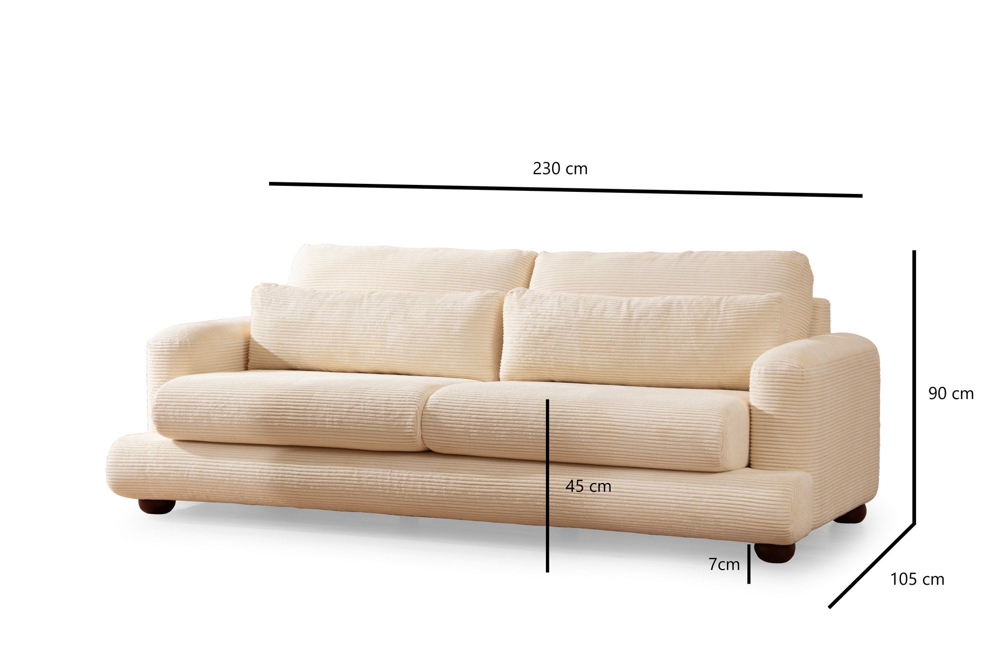 Sofá elegante de 3 lugares, bege, 230 x 105 x 90 cm | Estrutura em madeira de faia e aglomerado, 100% poliéster, almofadas removíveis, pés em nogueira | Perfeito para salas de estar modernas
