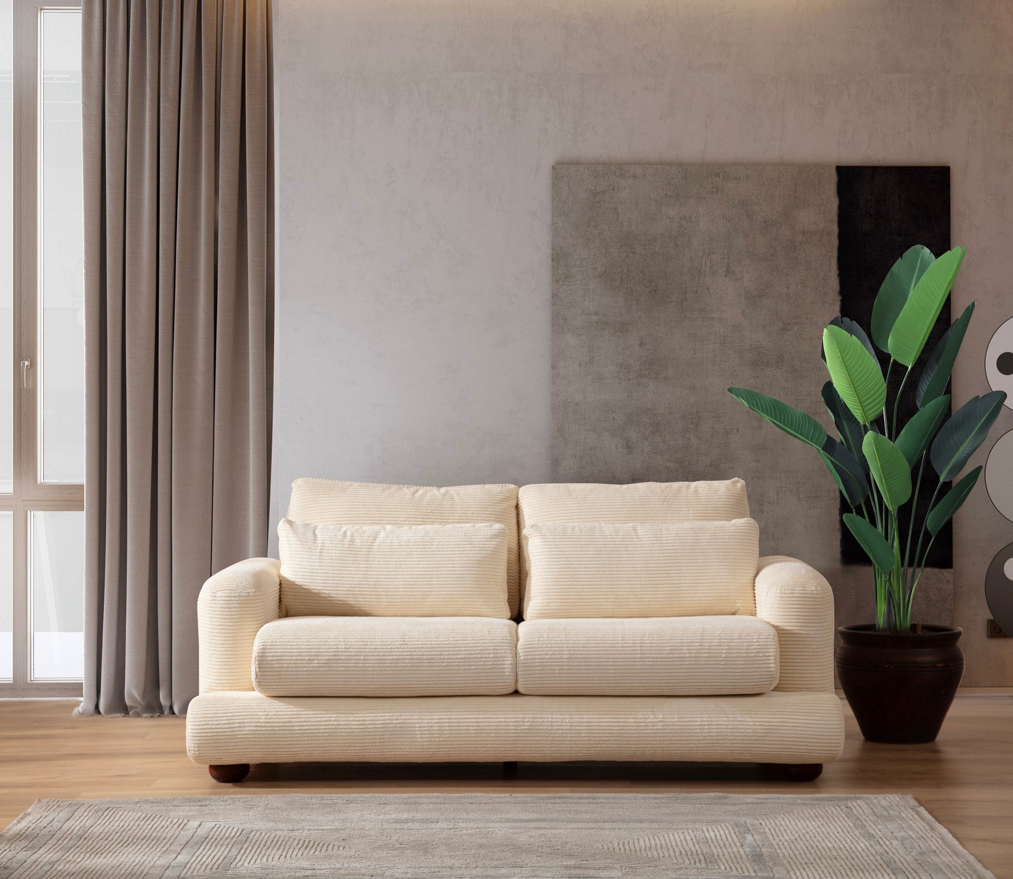 Sofá elegante de 2 lugares, bege, 200 x 105 x 90 cm | Estrutura em madeira de faia e aglomerado, 100% poliéster, almofadas portáteis, pernas redondas de nogueira | Conforto elegante para uma vida moderna