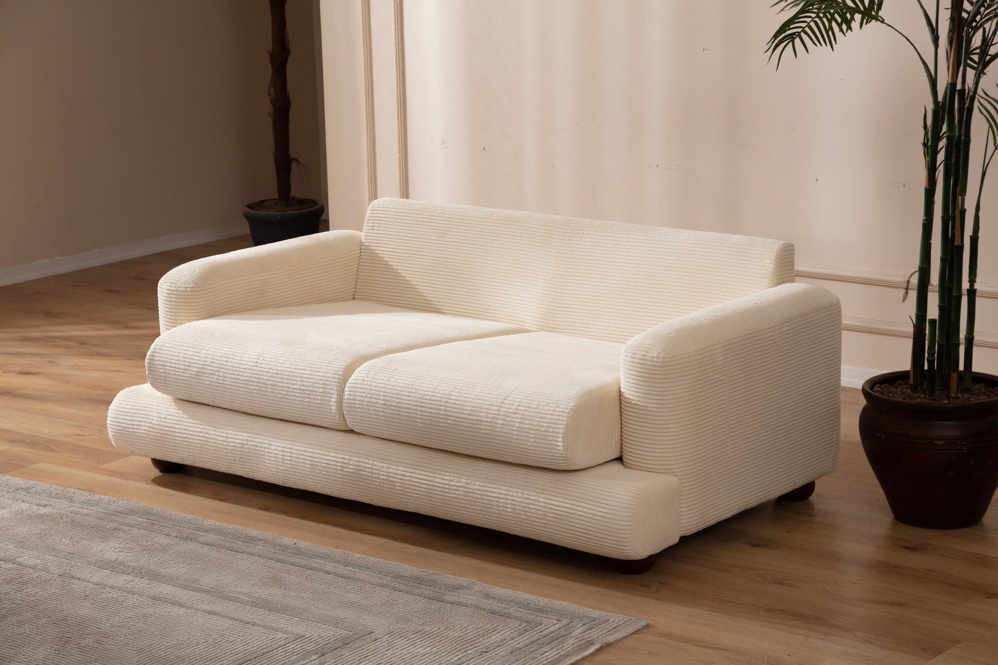 Sofá elegante de 2 lugares, bege, 200 x 105 x 90 cm | Estrutura em madeira de faia e aglomerado, 100% poliéster, almofadas portáteis, pernas redondas de nogueira | Conforto elegante para uma vida moderna