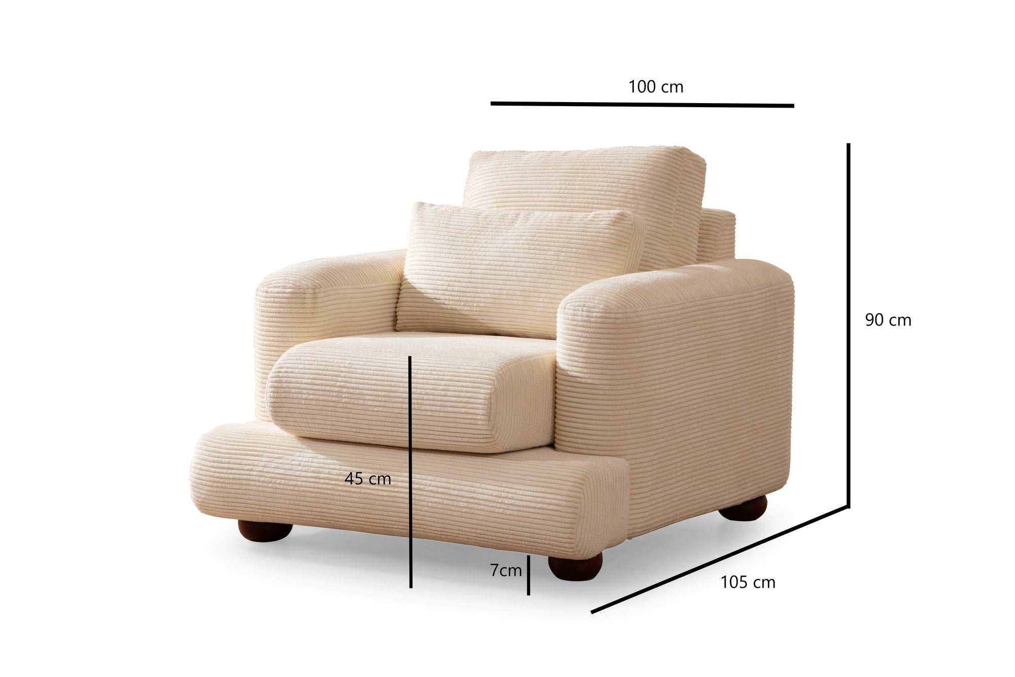 Sofá elegante de 1 lugar, bege, 100 x 105 x 90 cm | Estrutura em madeira de faia e aglomerado, 100% poliéster, espuma 28 DNS | Almofadas portáteis, design elegante e confortável