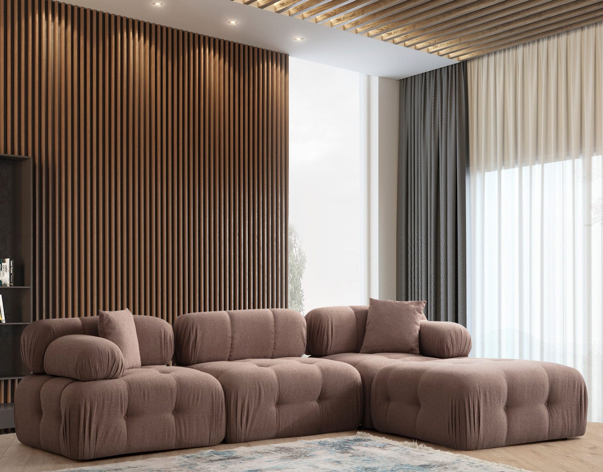 Sofá de Canto Cappuccino, 300x200 cm | Estrutura em madeira de faia e aglomerado, 100% poliéster, espuma 28 DNS | Elegante e funcional com mecanismo de mudança, tecido lavável a seco