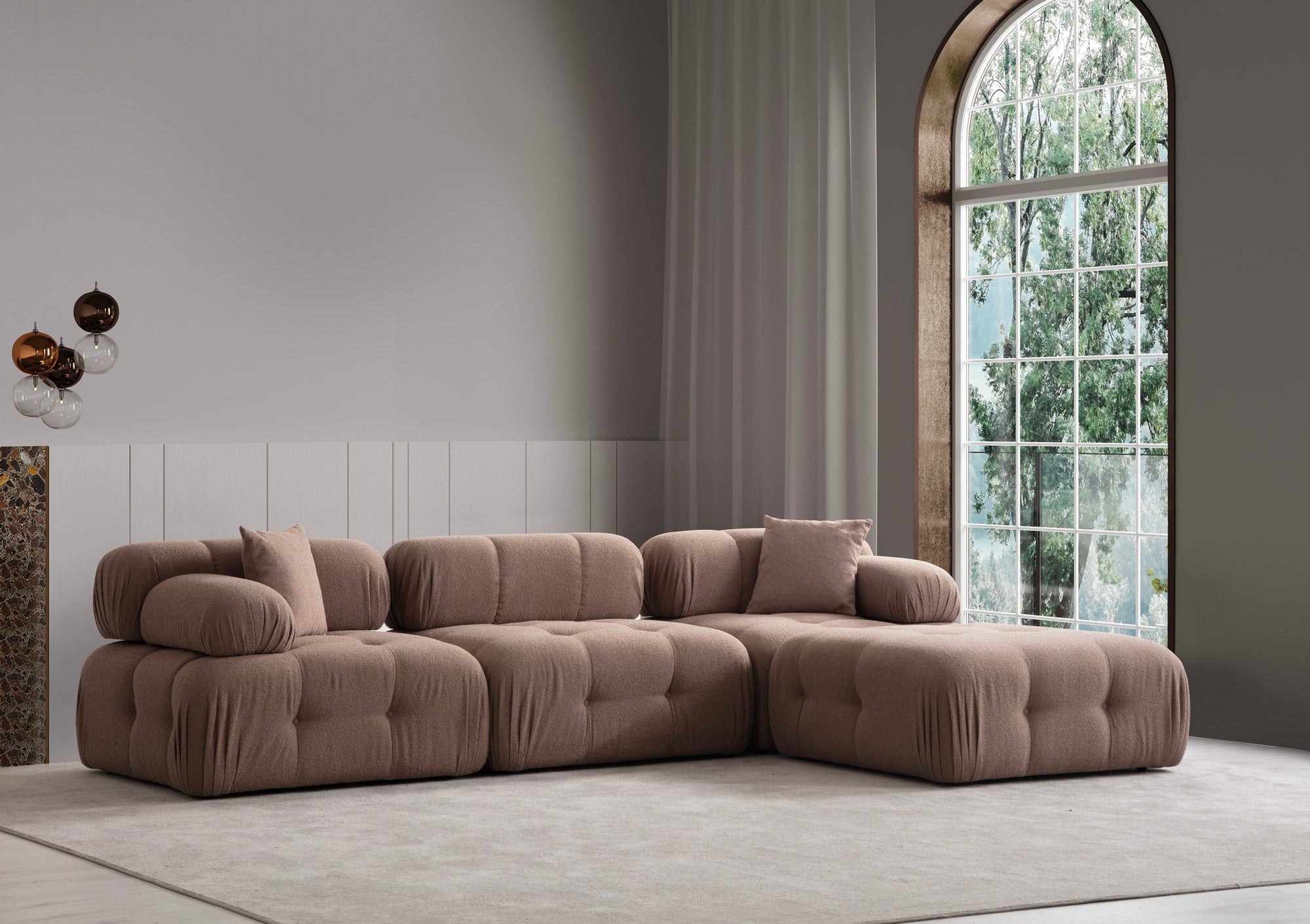 Sofá de Canto Cappuccino, 300x200 cm | Estrutura em madeira de faia e aglomerado, 100% poliéster, espuma 28 DNS | Elegante e funcional com mecanismo de mudança, tecido lavável a seco