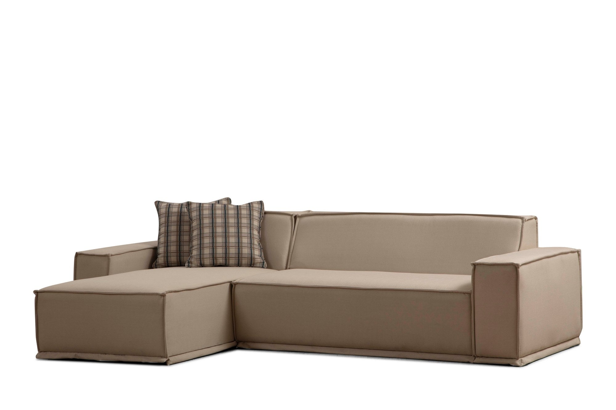 Sofá de canto elegante, cor creme, 167 x 272 x 72 cm | Estrutura em madeira de faia e aglomerado, 100% poliéster, espuma macia, 2 almofadas incluídas | Design elegante e confortável
