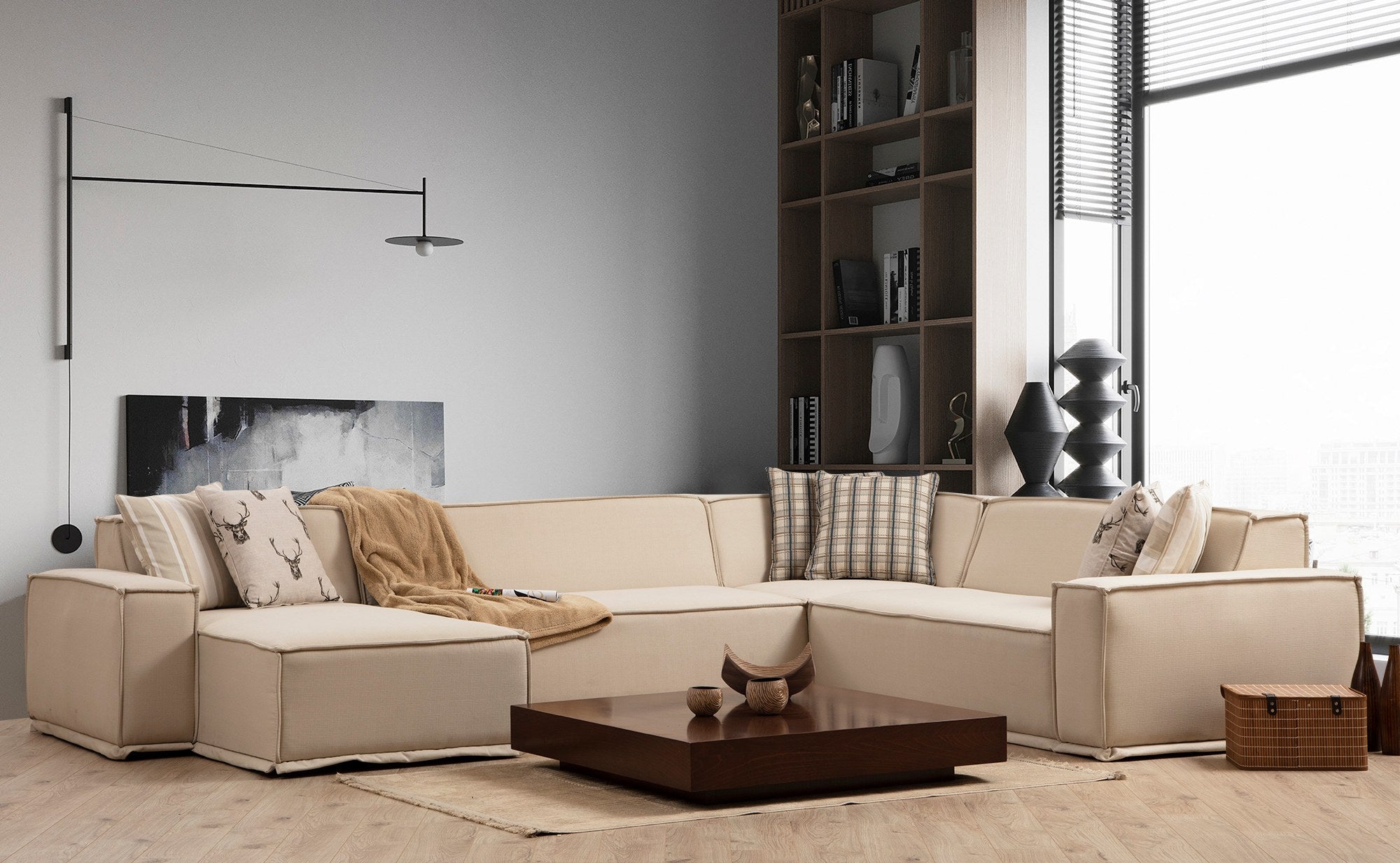 Sofá de canto elegante, cor creme, 167 x 100 x 72 cm | Estrutura de madeira de faia, 100% poliéster, espuma macia, 2 almofadas incluídas | Elegante e confortável para salas de estar modernas