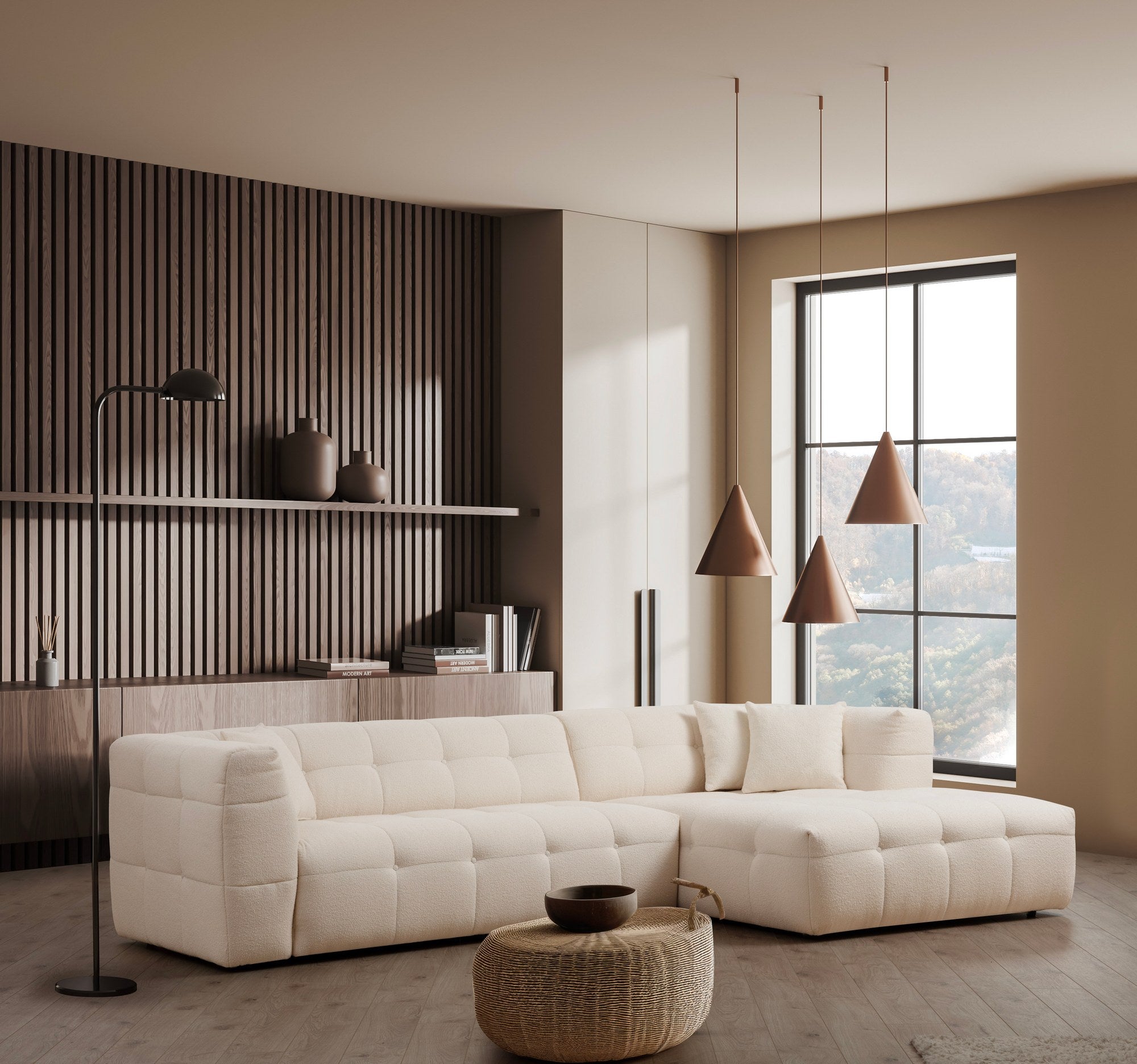 Sofá de Canto Elegante, Bege, 300 x 150 cm | Estrutura em Madeira de Faia e Aglomerado, 100% Poliéster, Espuma 28 DNS | Perfeito para Salas de Estar Modernas e Relaxamento