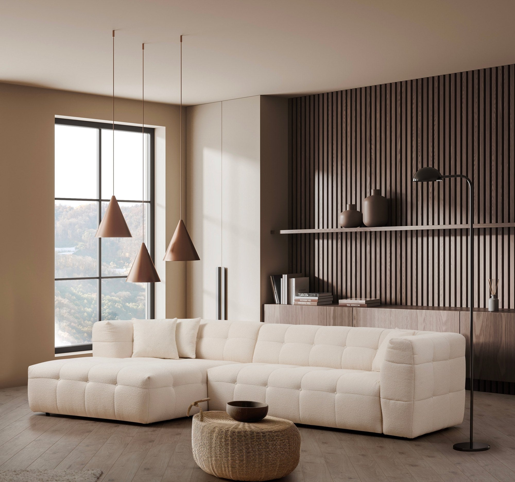 Sofá de Canto Elegante, Bege, 300 x 150 cm | Estrutura em Madeira de Faia e Aglomerado, 100% Poliéster, Espuma 28 DNS | Perfeito para Salas de Estar Modernas e Relaxamento
