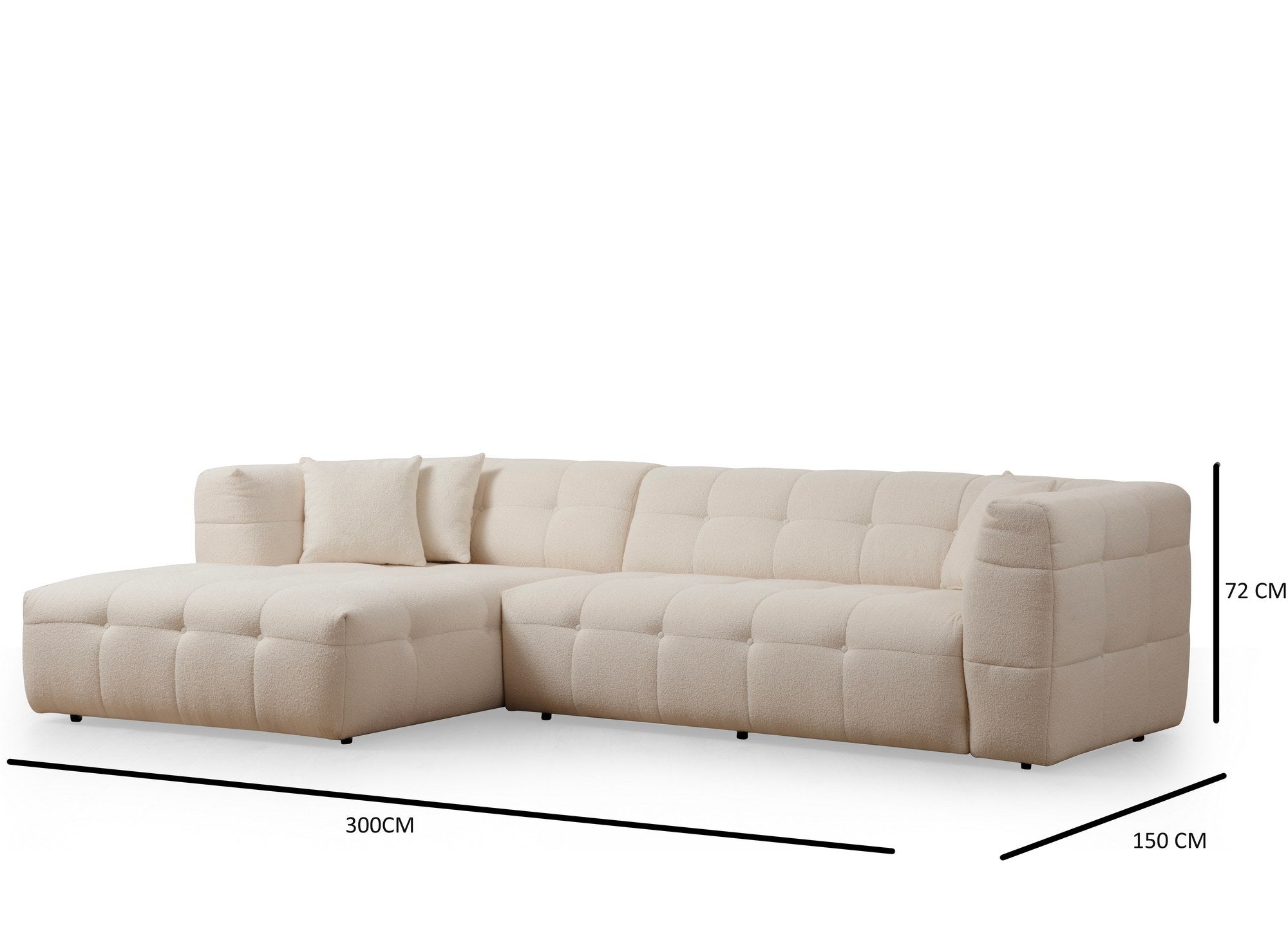 Sofá de Canto Elegante, Bege, 300 x 150 cm | Estrutura em Madeira de Faia e Aglomerado, 100% Poliéster, Espuma 28 DNS | Perfeito para Salas de Estar Modernas e Relaxamento