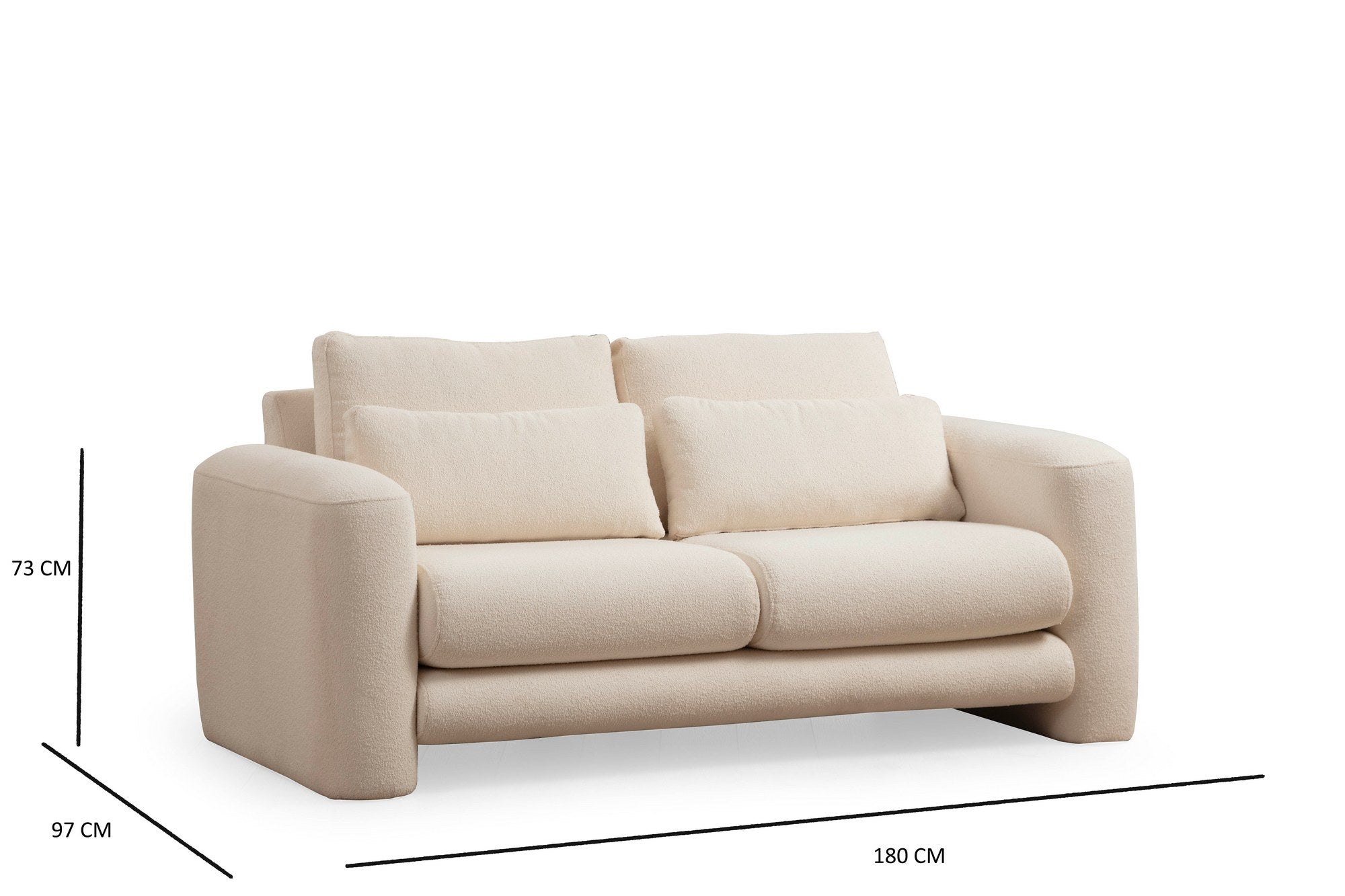 Sofá elegante de 2 lugares, cor creme, 180 x 97 x 73 cm | Estrutura em madeira de faia e aglomerado, 100% poliéster, almofadas portáteis | Conforto elegante para espaços de convivência modernos