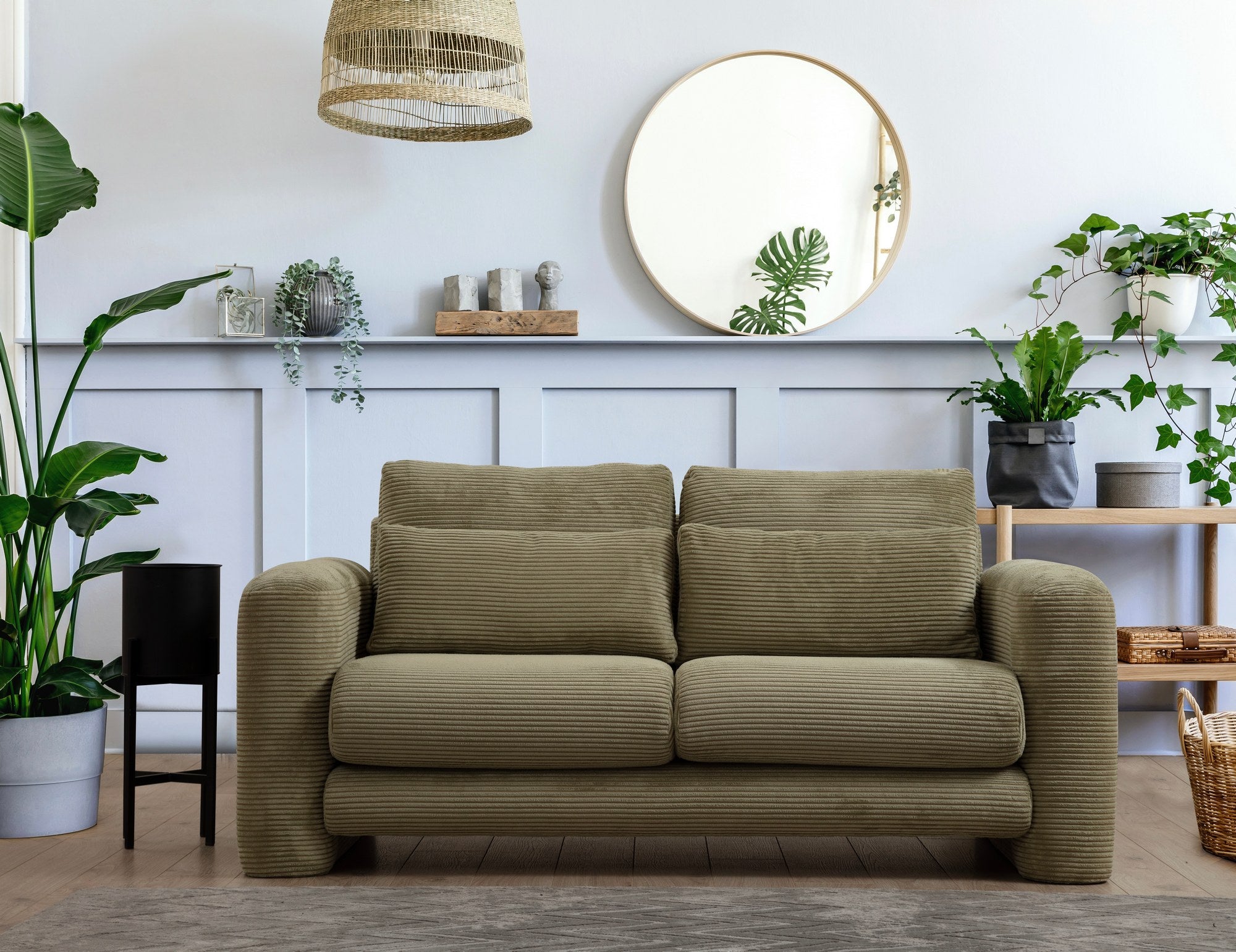 Sofá elegante de 2 lugares, verde, 180 x 97 x 73 cm | Estrutura em madeira de faia e aglomerado, 100% poliéster, espuma 28 DNS | Almofadas portáteis, tecido lavável a seco