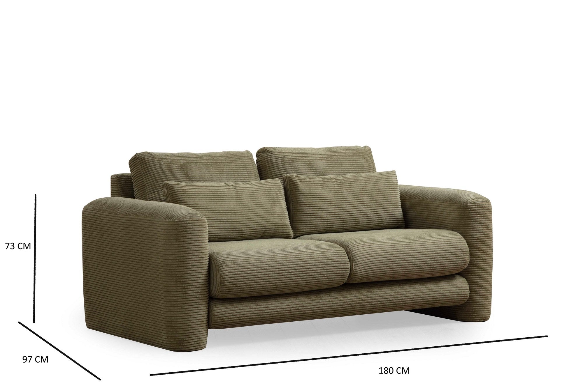 Sofá elegante de 2 lugares, verde, 180 x 97 x 73 cm | Estrutura em madeira de faia e aglomerado, 100% poliéster, espuma 28 DNS | Almofadas portáteis, tecido lavável a seco