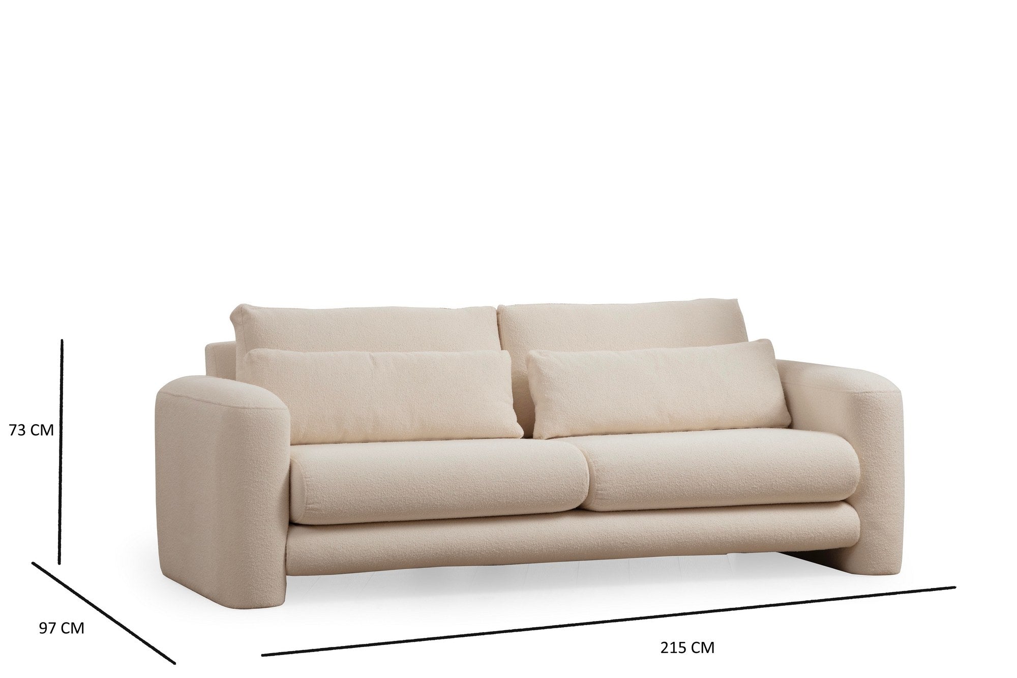 Sofá elegante de 3 lugares, cor creme, 215 x 97 x 73 cm | Estrutura em madeira de faia e aglomerado, 100% poliéster, almofadas portáteis | Conforto elegante para salas de estar modernas