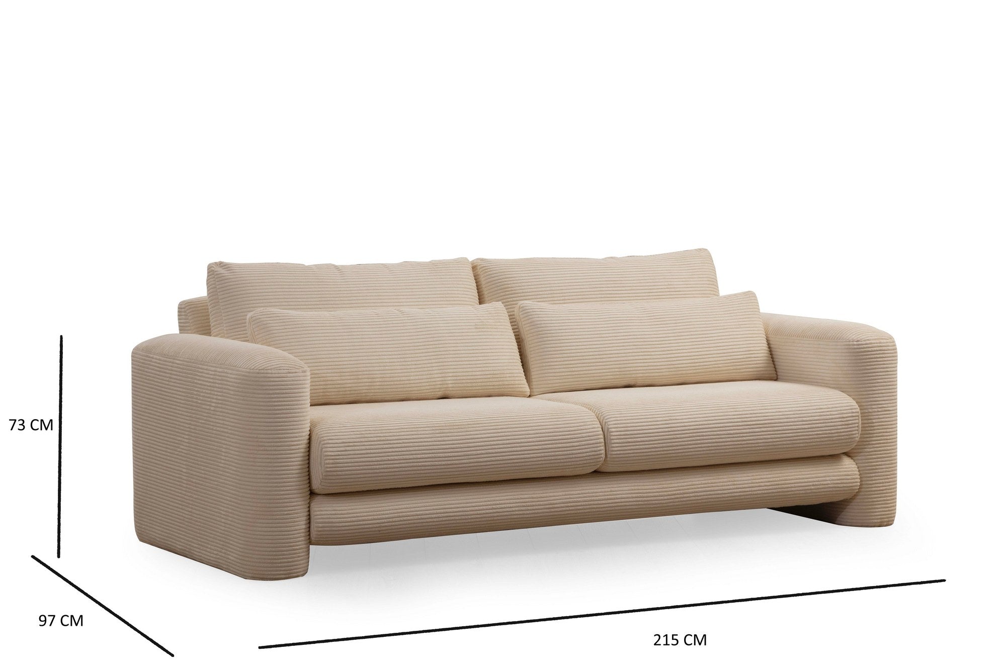 Sofá elegante de 3 lugares, bege, 215 x 97 x 73 cm | Estrutura em madeira de faia e aglomerado, 100% poliéster, tecido lavável a seco | Confortável e elegante para salas de estar modernas