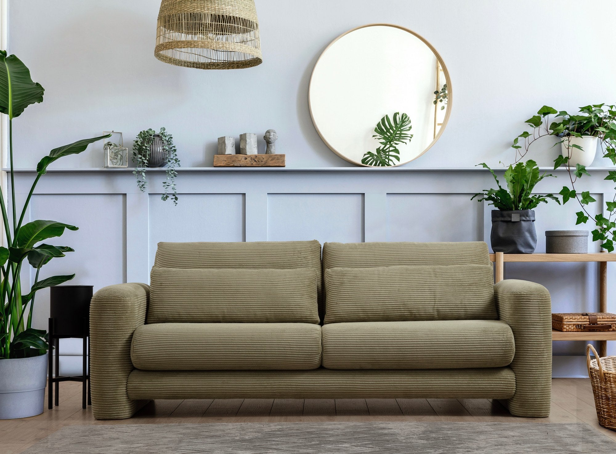Sofá elegante de 3 lugares, verde, 215 x 97 x 73 cm | Estrutura em madeira de faia e aglomerado, 100% poliéster, espuma 28 DNS | Almofadas portáteis, tecido lavável a seco