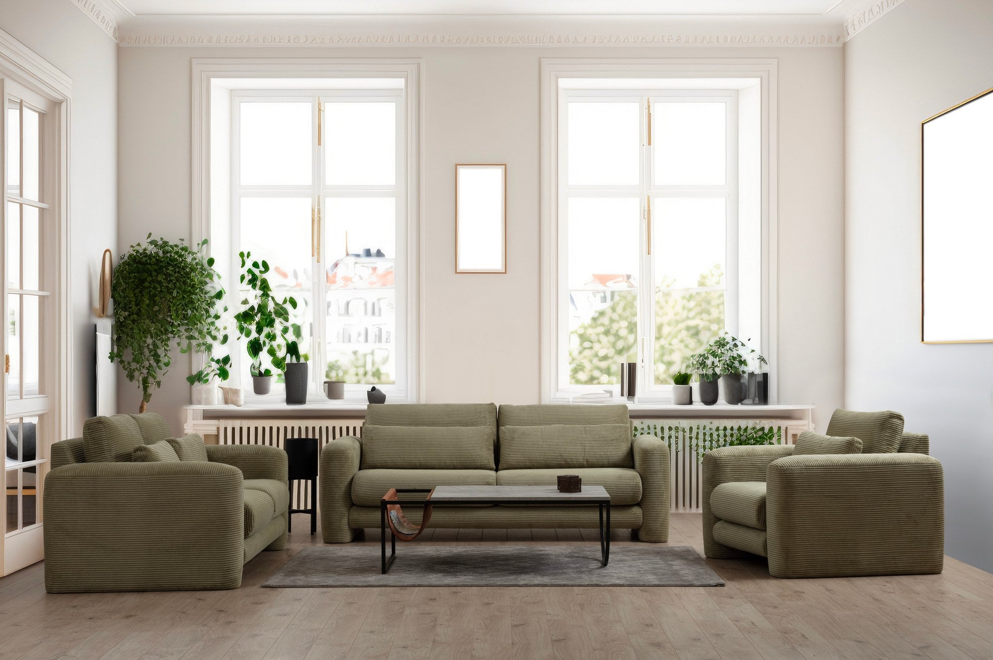 Sofá elegante de 3 lugares, verde, 215 x 97 x 73 cm | Estrutura em madeira de faia e aglomerado, 100% poliéster, espuma 28 DNS | Almofadas portáteis, tecido lavável a seco