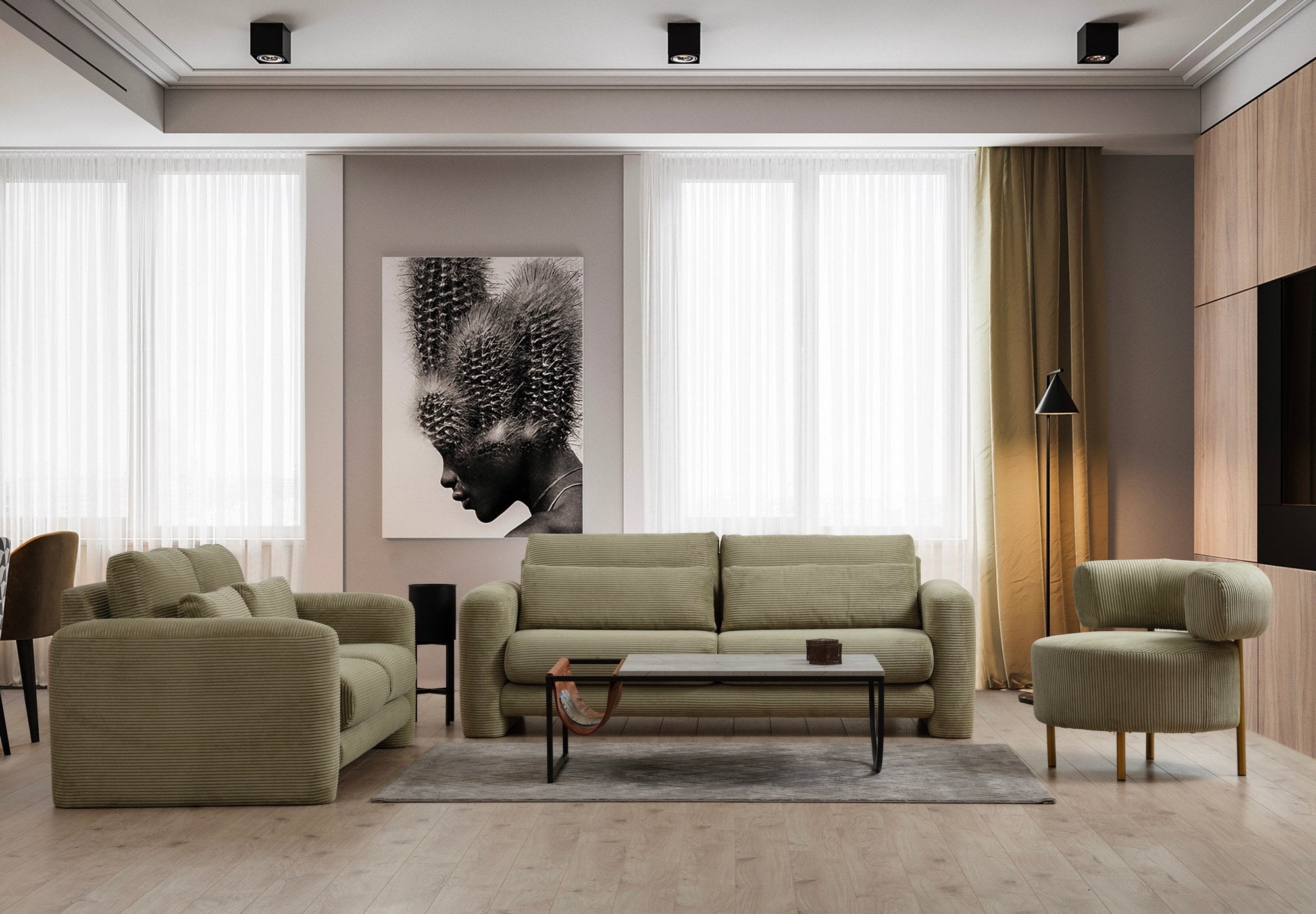 Sofá elegante de 3 lugares, verde, 215 x 97 x 73 cm | Estrutura em madeira de faia e aglomerado, 100% poliéster, espuma 28 DNS | Almofadas portáteis, tecido lavável a seco