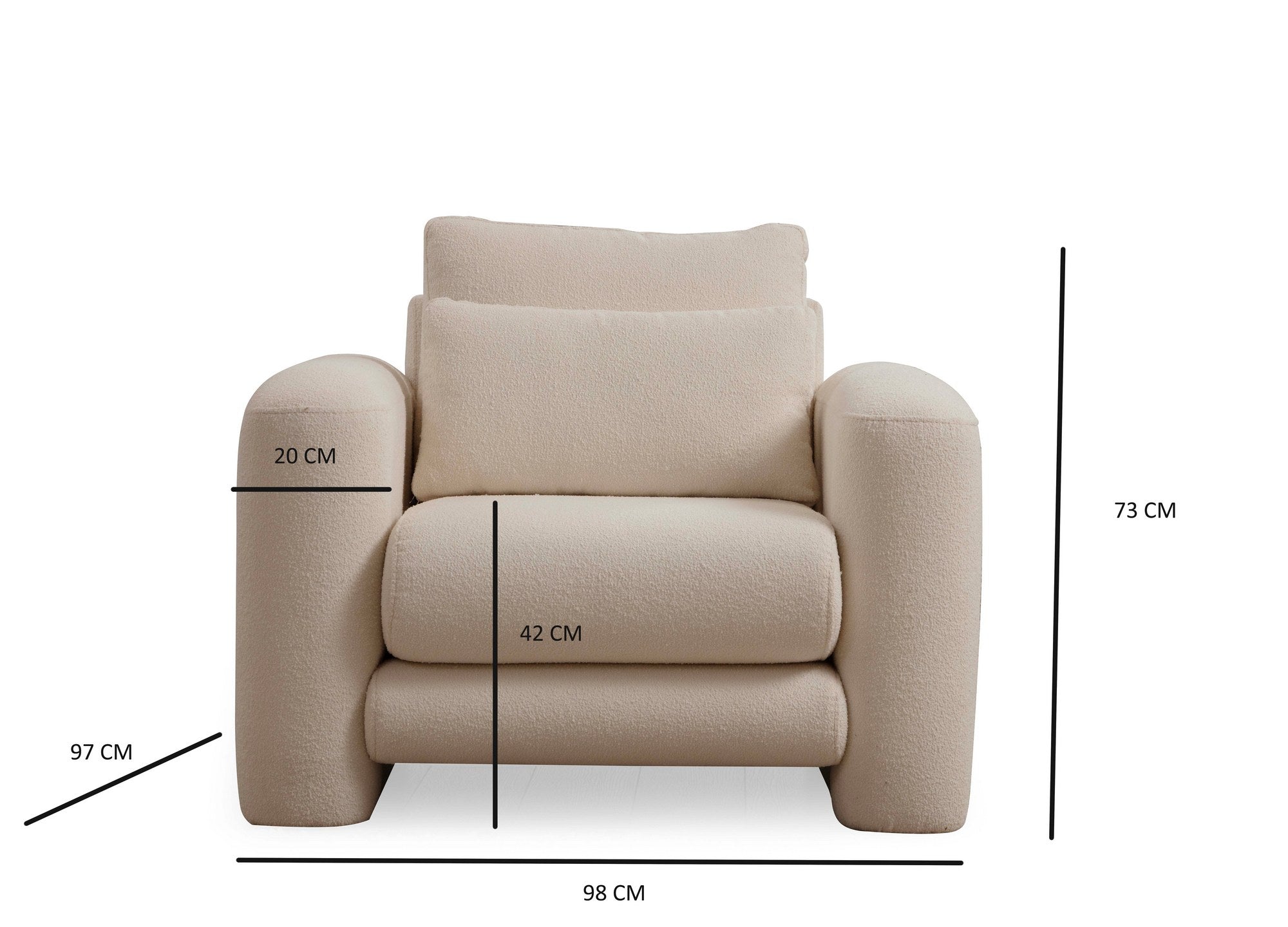 Poltrona Elegante, Cor Creme, 98 x 97 x 73 cm | Estrutura em Madeira de Faia e Aglomerado, 100% Poliéster, Espuma 28 DNS | Almofadas Portáteis, Tecido Lavável a Seco