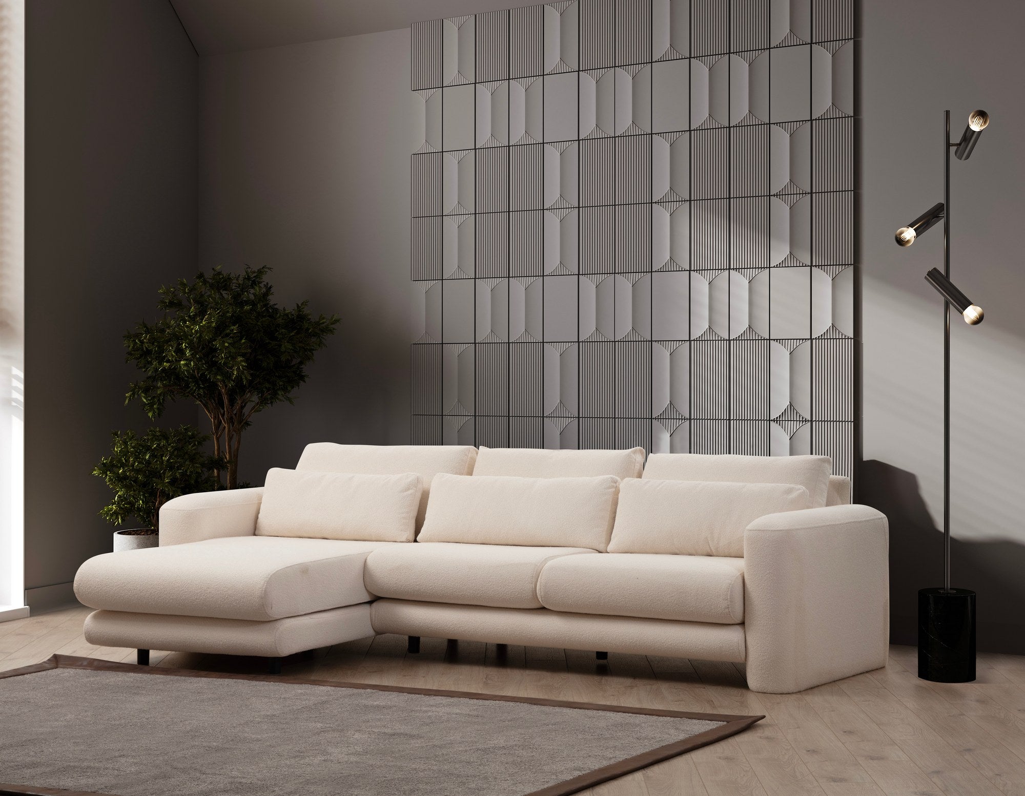 Sofá de canto elegante, cor creme, 290 x 165 x 73 cm | Estrutura em madeira de faia e aglomerado, 100% poliéster, espuma 28 DNS | Almofadas portáteis, tecido lavável a seco