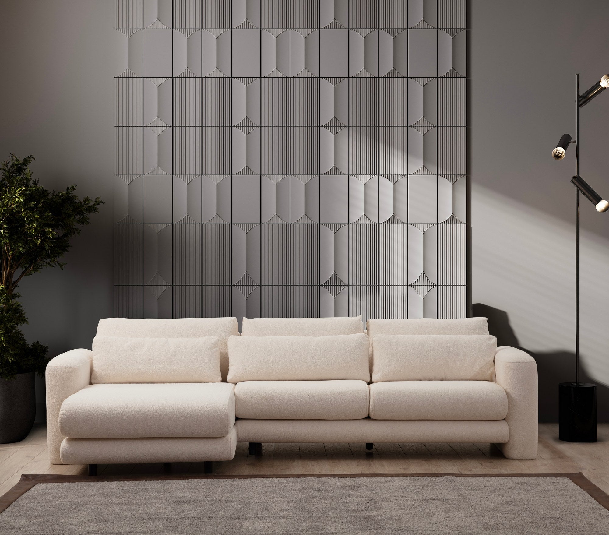 Sofá de canto elegante, cor creme, 290 x 165 x 73 cm | Estrutura em madeira de faia e aglomerado, 100% poliéster, espuma 28 DNS | Almofadas portáteis, tecido lavável a seco