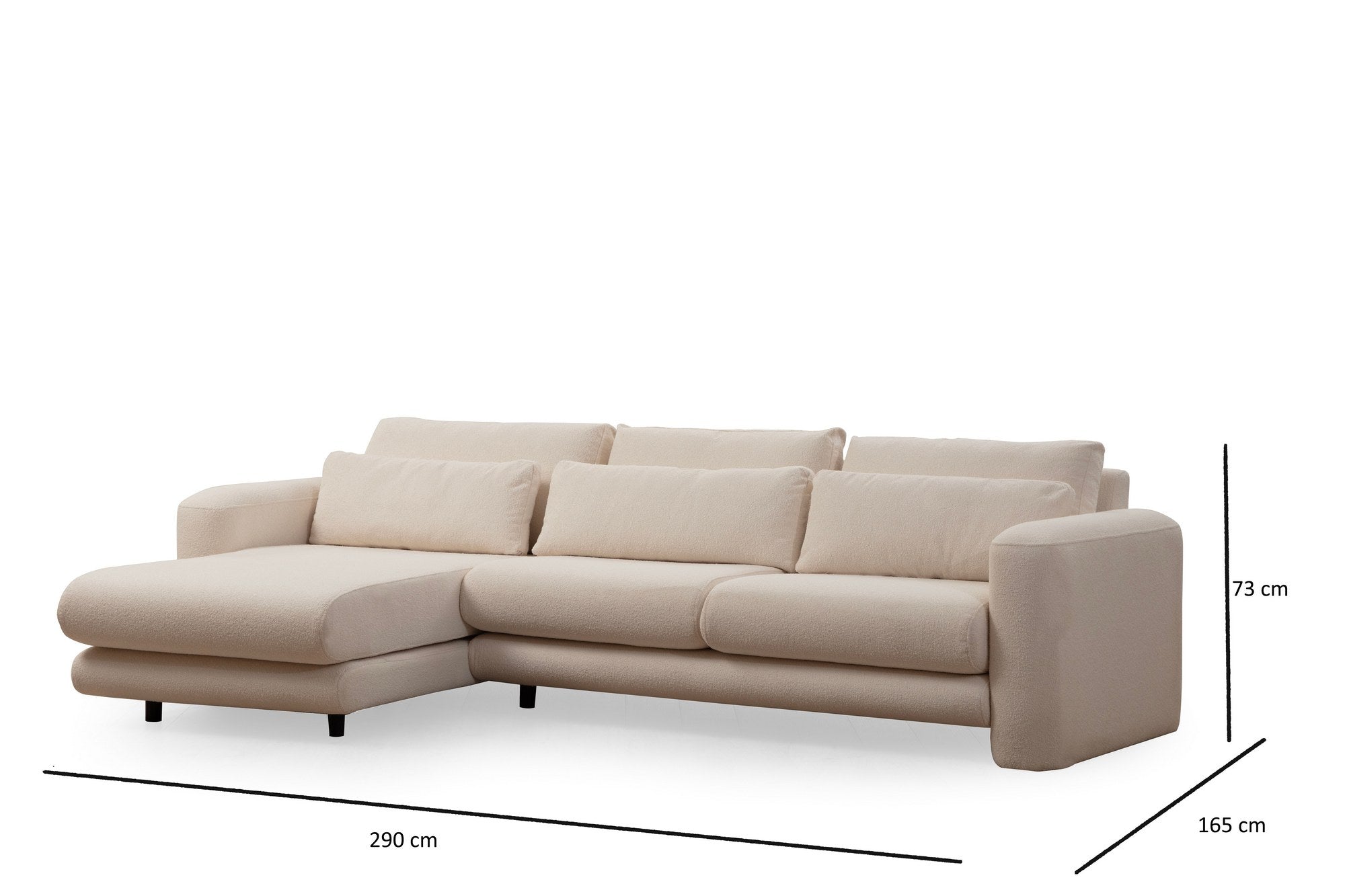 Sofá de canto elegante, cor creme, 290 x 165 x 73 cm | Estrutura em madeira de faia e aglomerado, 100% poliéster, espuma 28 DNS | Almofadas portáteis, tecido lavável a seco