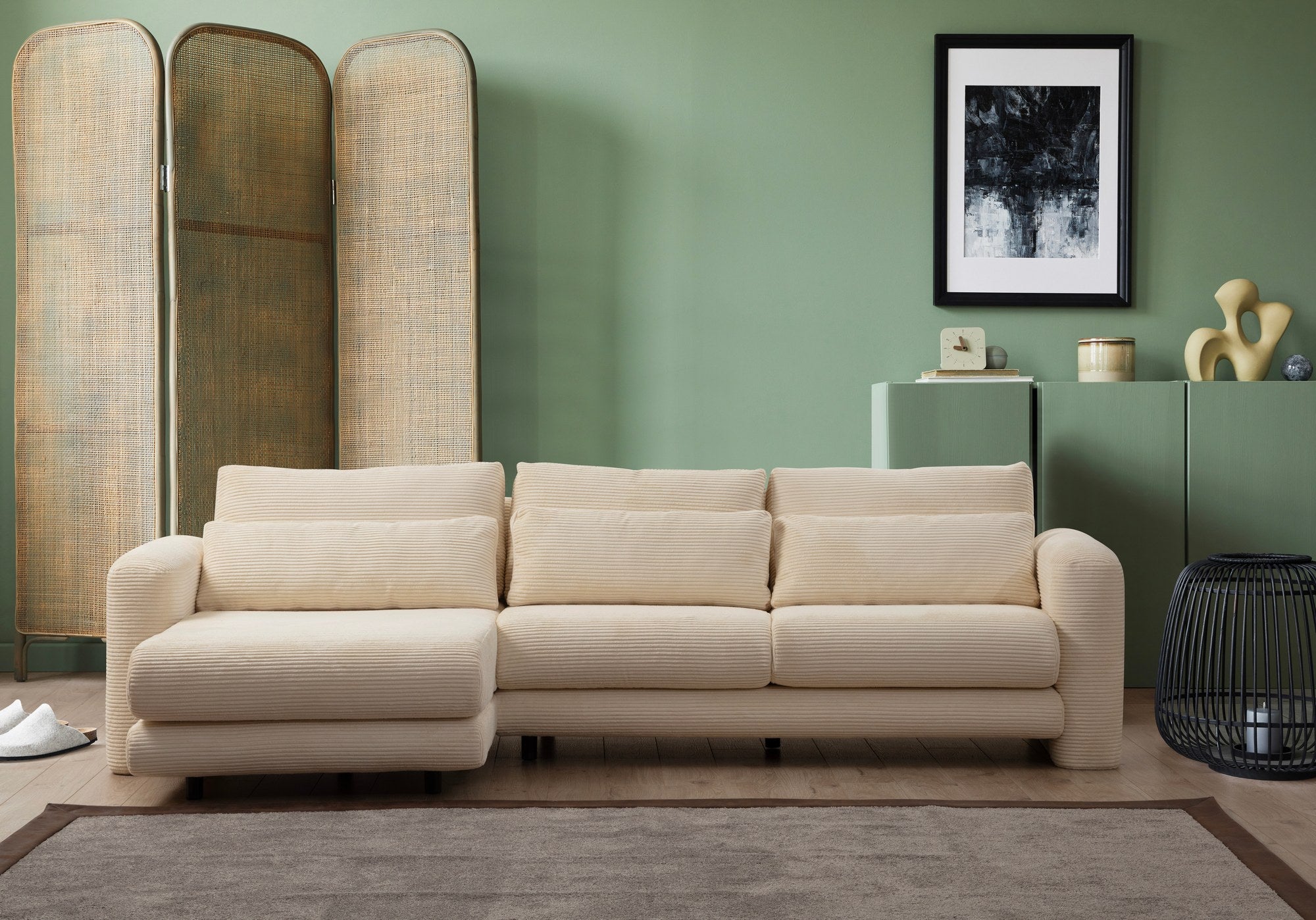 Sofá de canto elegante, bege, 290 x 165 x 73 cm | Estrutura em madeira de faia e aglomerado, 100% poliéster, espuma 28 DNS | Almofadas portáteis, tecido lavável a seco